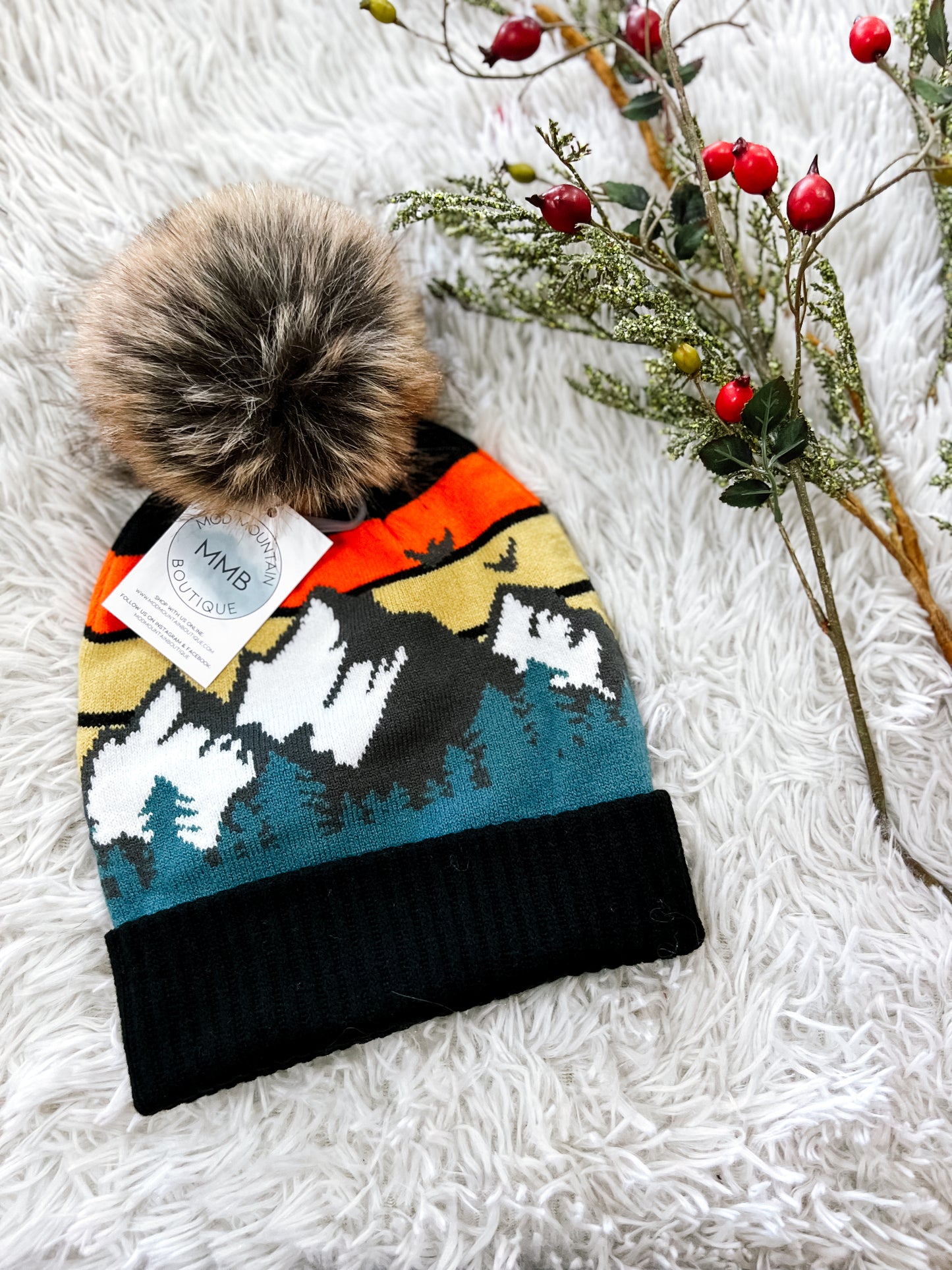 Black Mountain Scene Pom Beanie