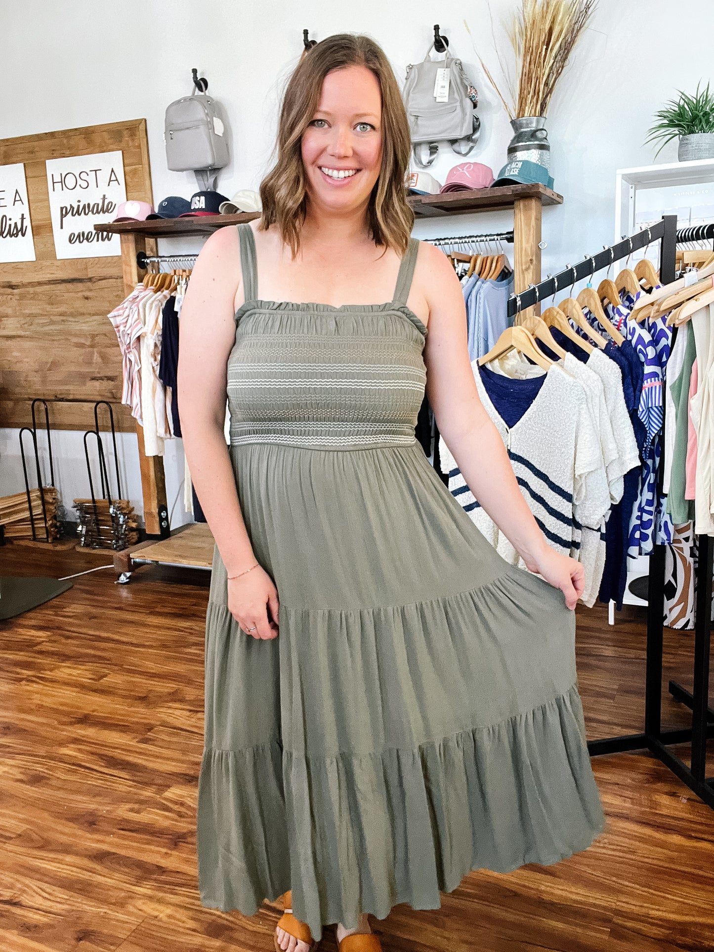 Olive Embroidered Midi Tank Dress