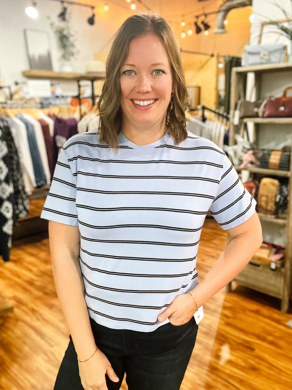 Sky Blue Striped Short Sleeve Top