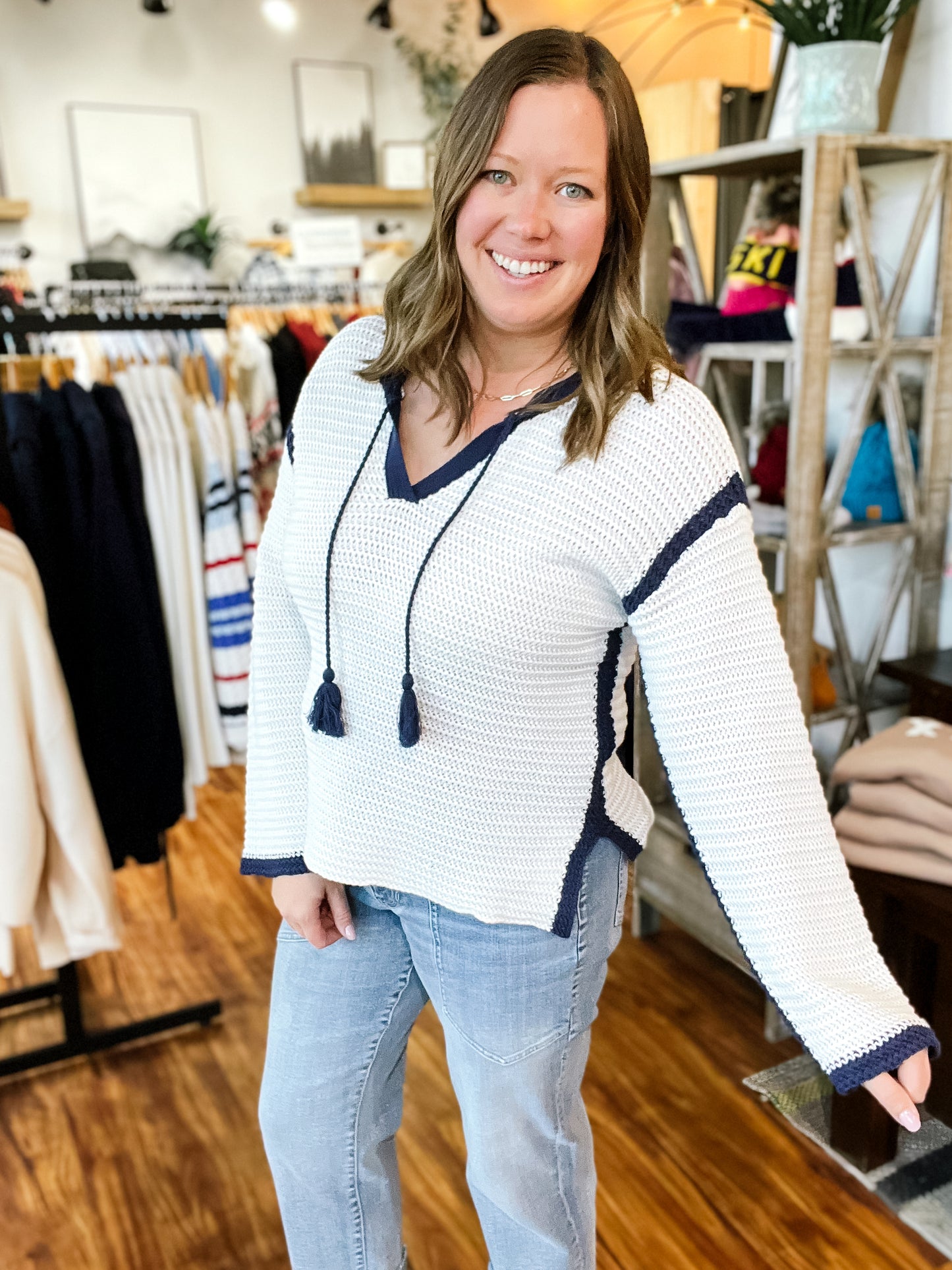 White W/Navy Notch Collar Sweater