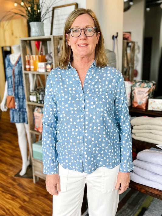 Chambray White Hearts Button Up Shirt
