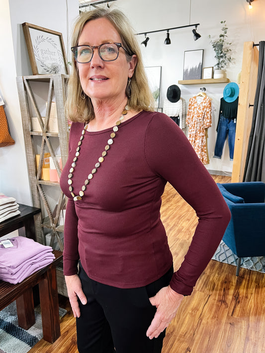 Burgundy Ribbed Long Sleeve Top