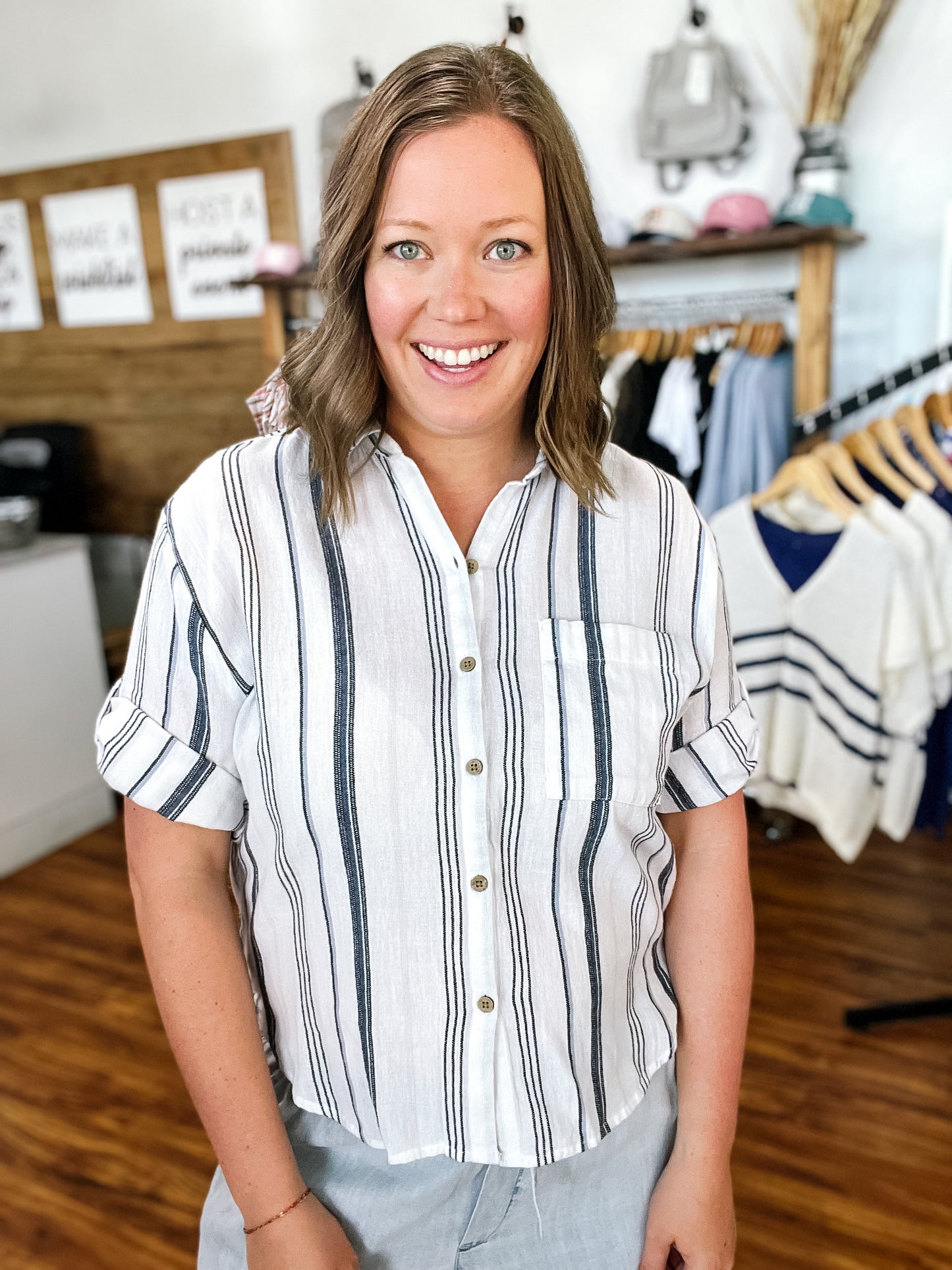White Stripe Button Down Top