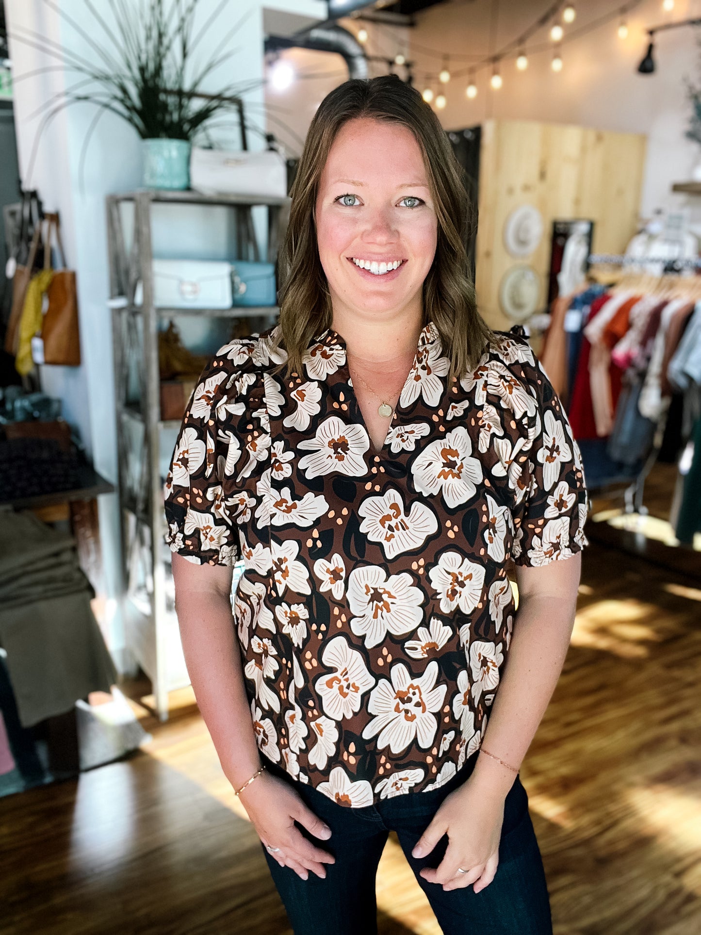 Brown Floral V-Neck Top