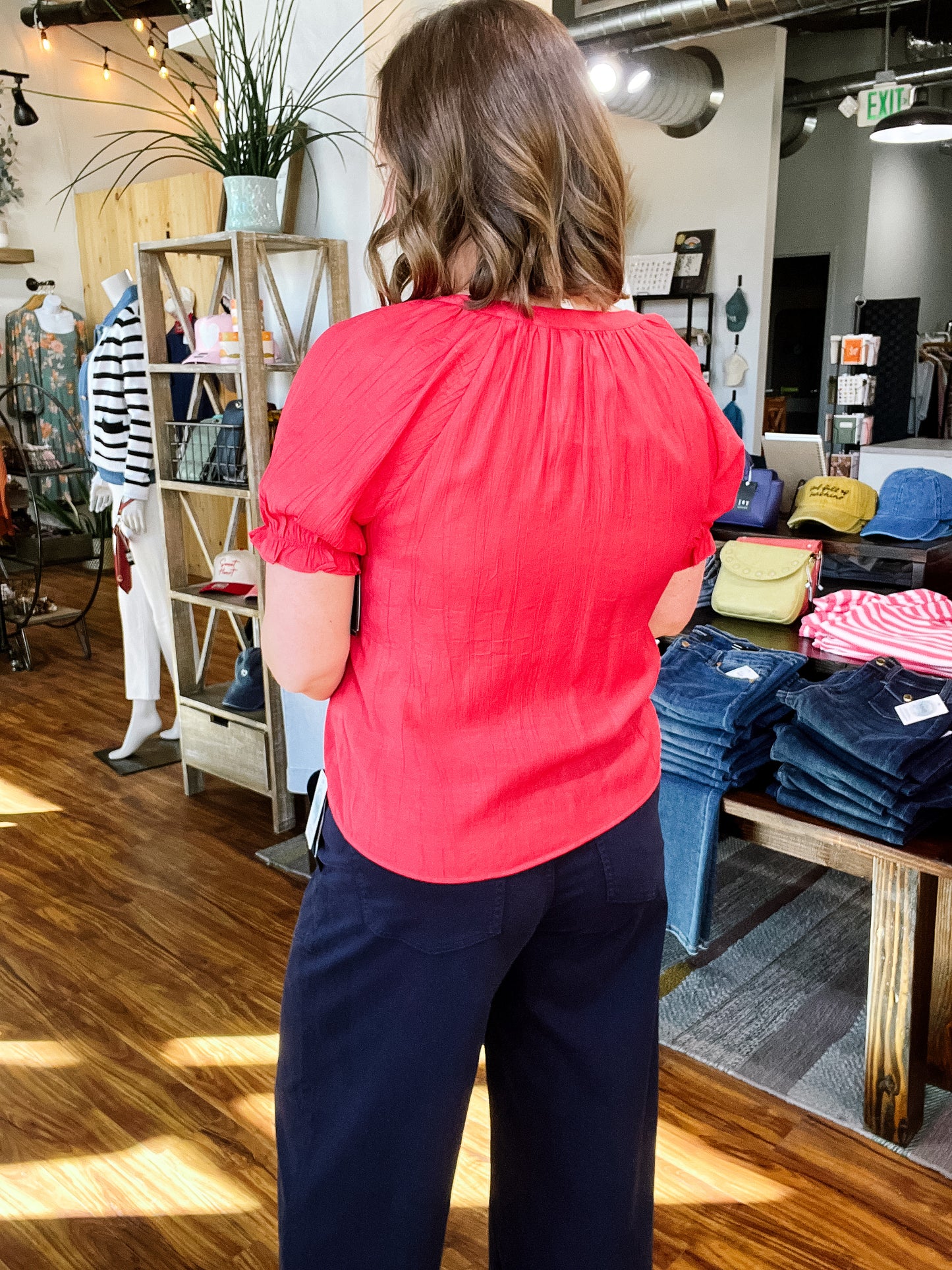 Red Gather Short Sleeve Top