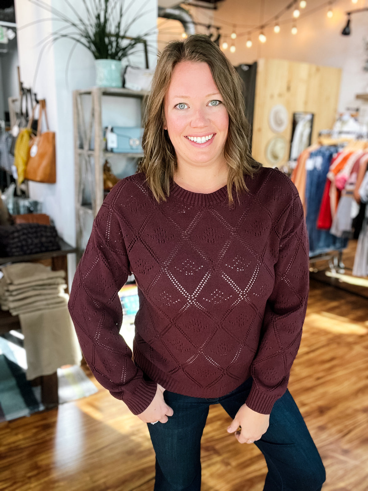 Burgundy Diamond Stitch Sweater