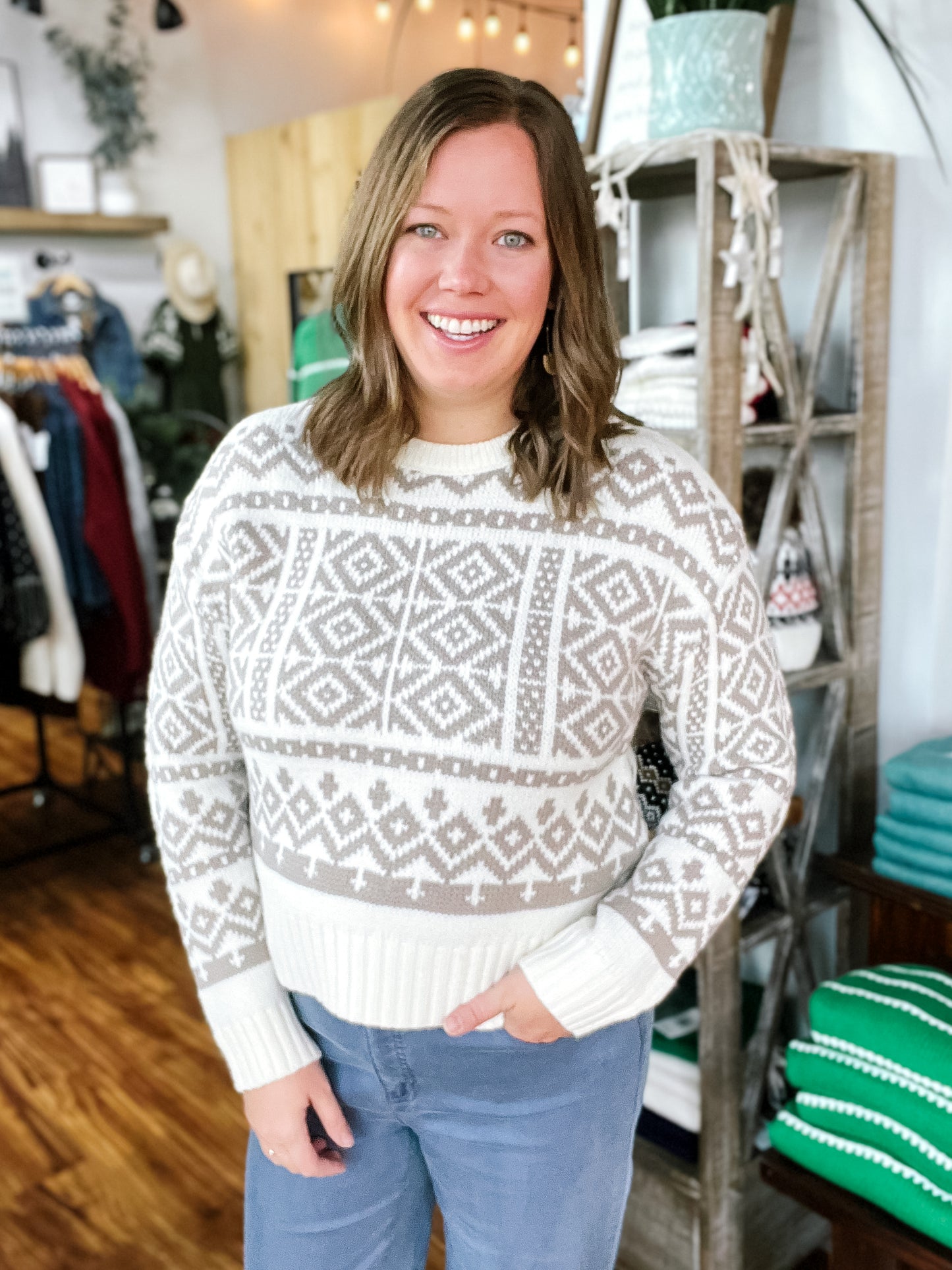 Cream And Tan Diamond Pattern Sweater