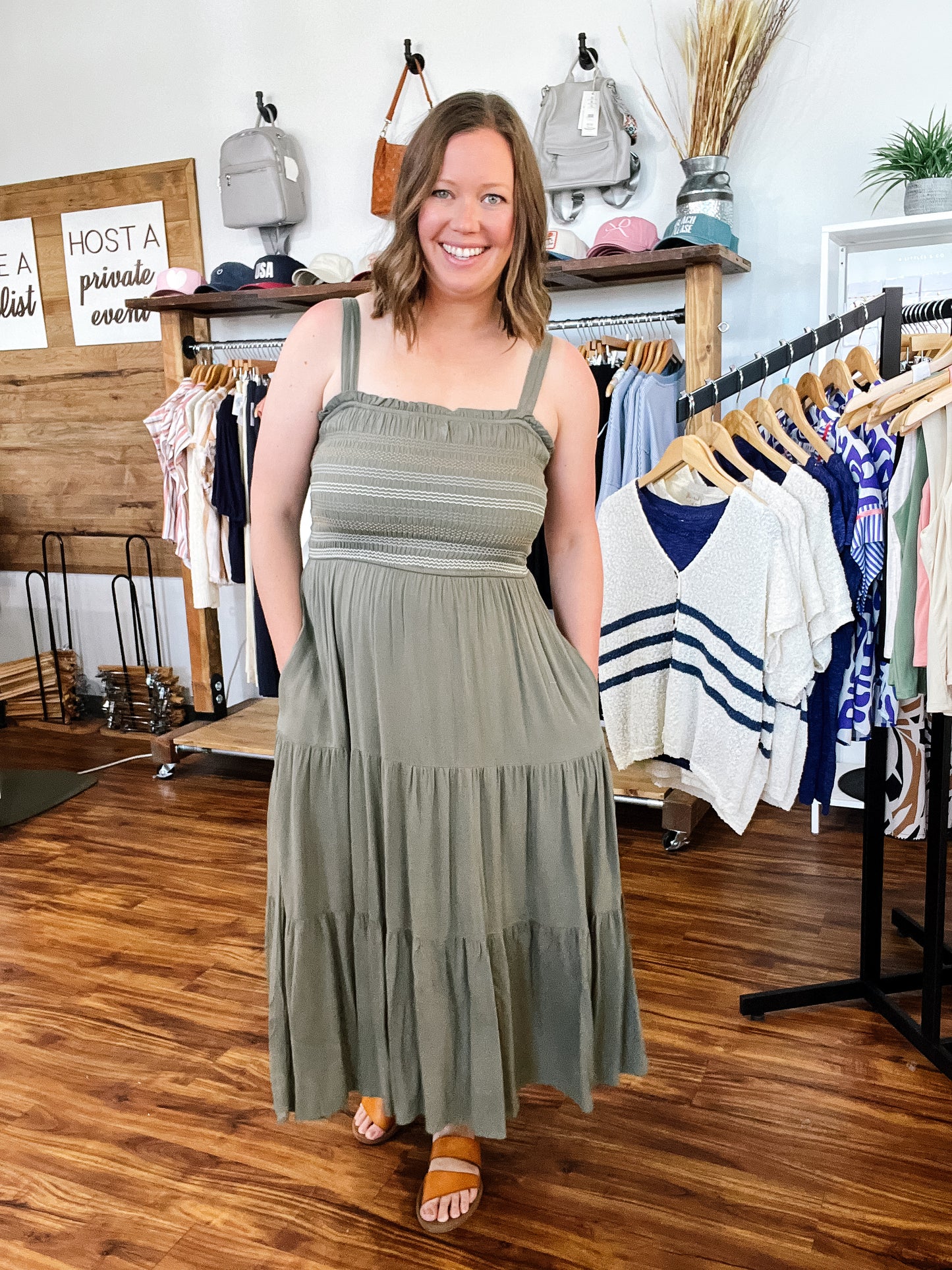 Olive Embroidered Midi Tank Dress
