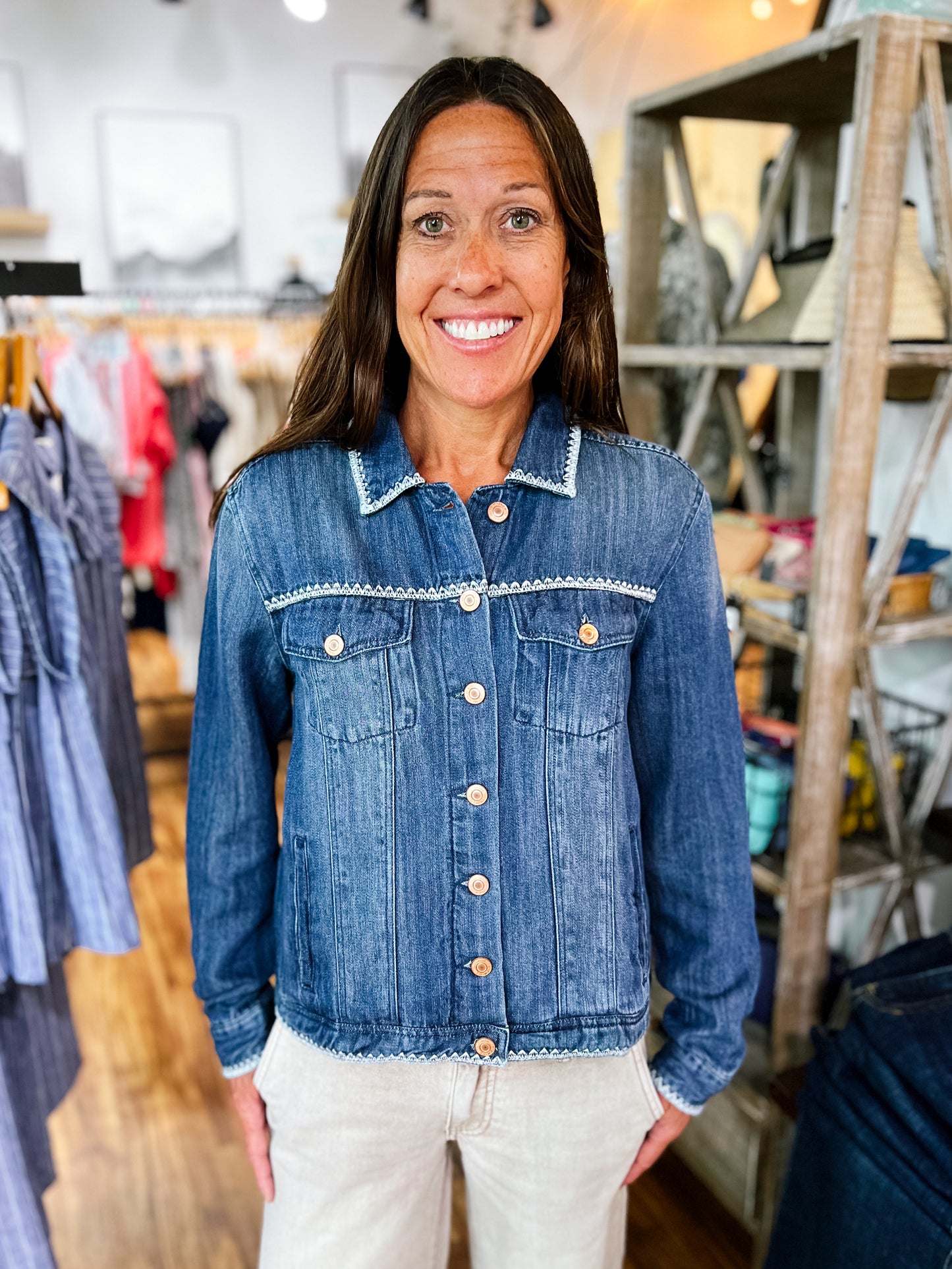 Medium Wash Denim Jacket With Embroidered Detailing