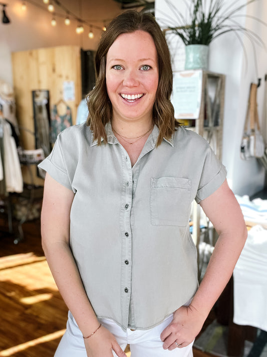 Sage Short Sleeve Button Up Top