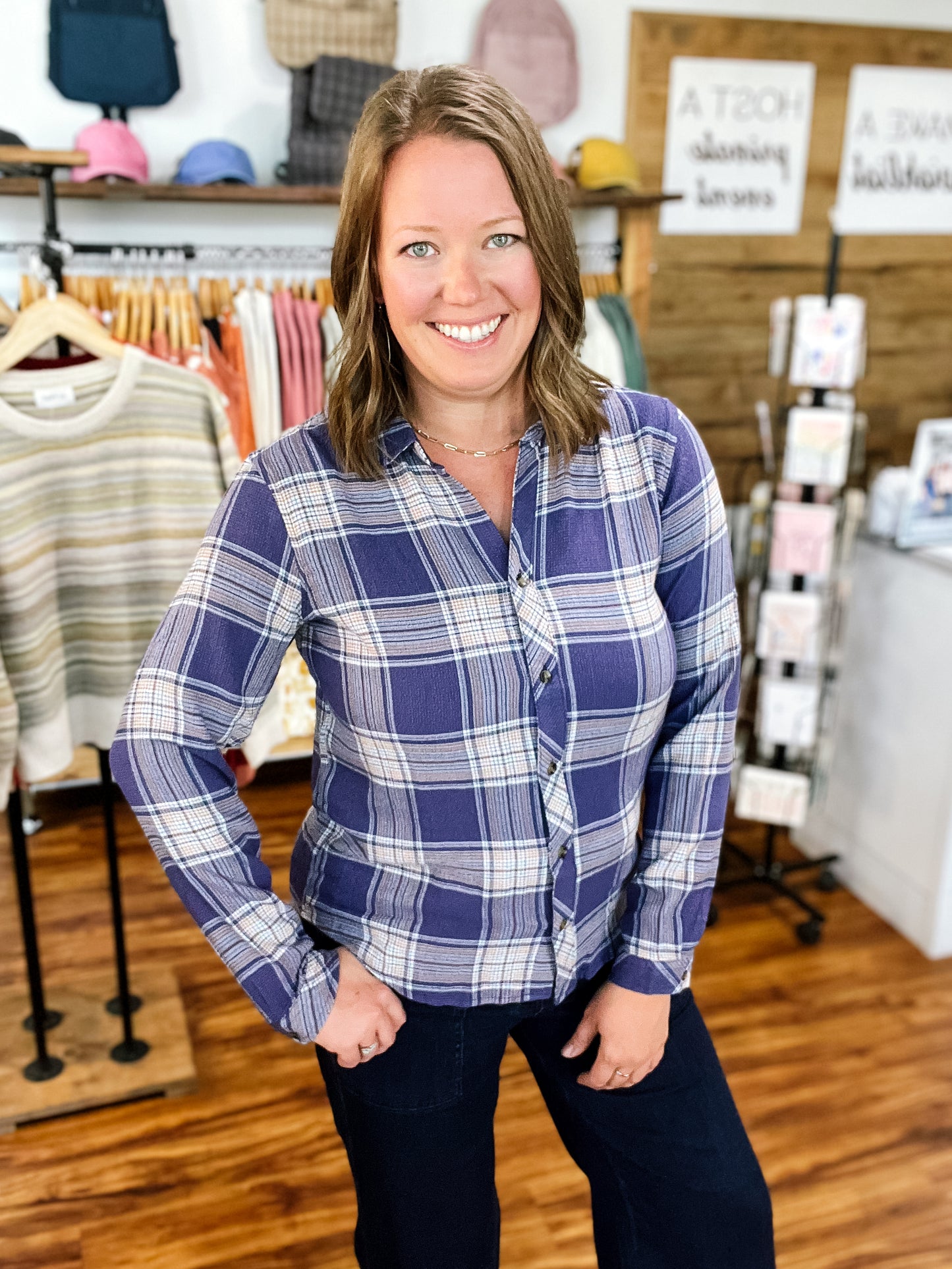 Blue, Tan, & Cream Plaid Shirt