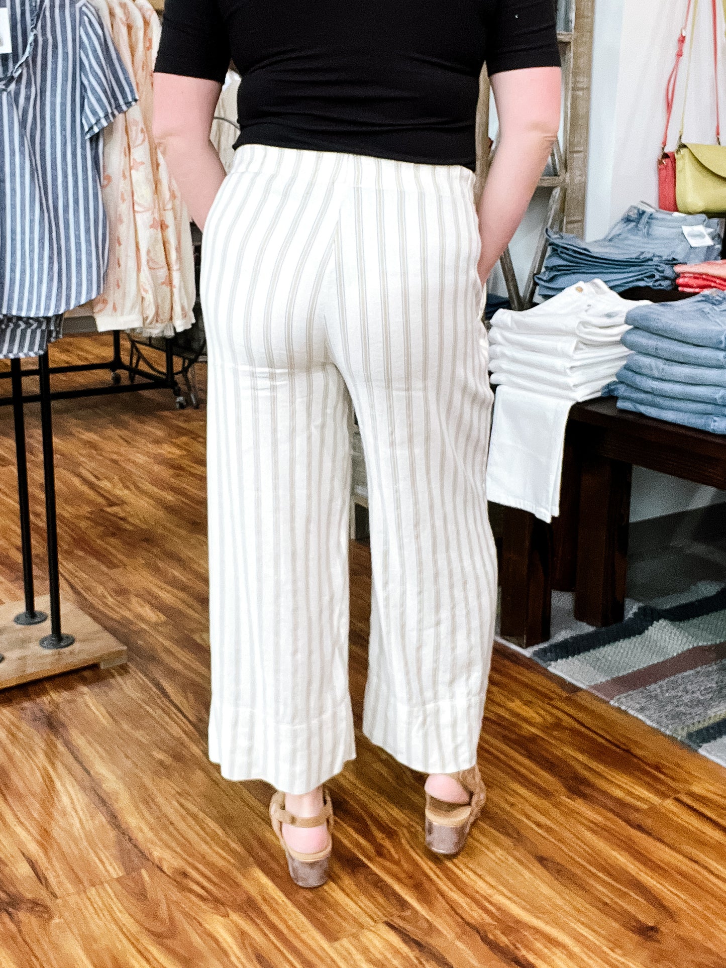 Cream & Tan Stripe Wide Leg Crop Pant