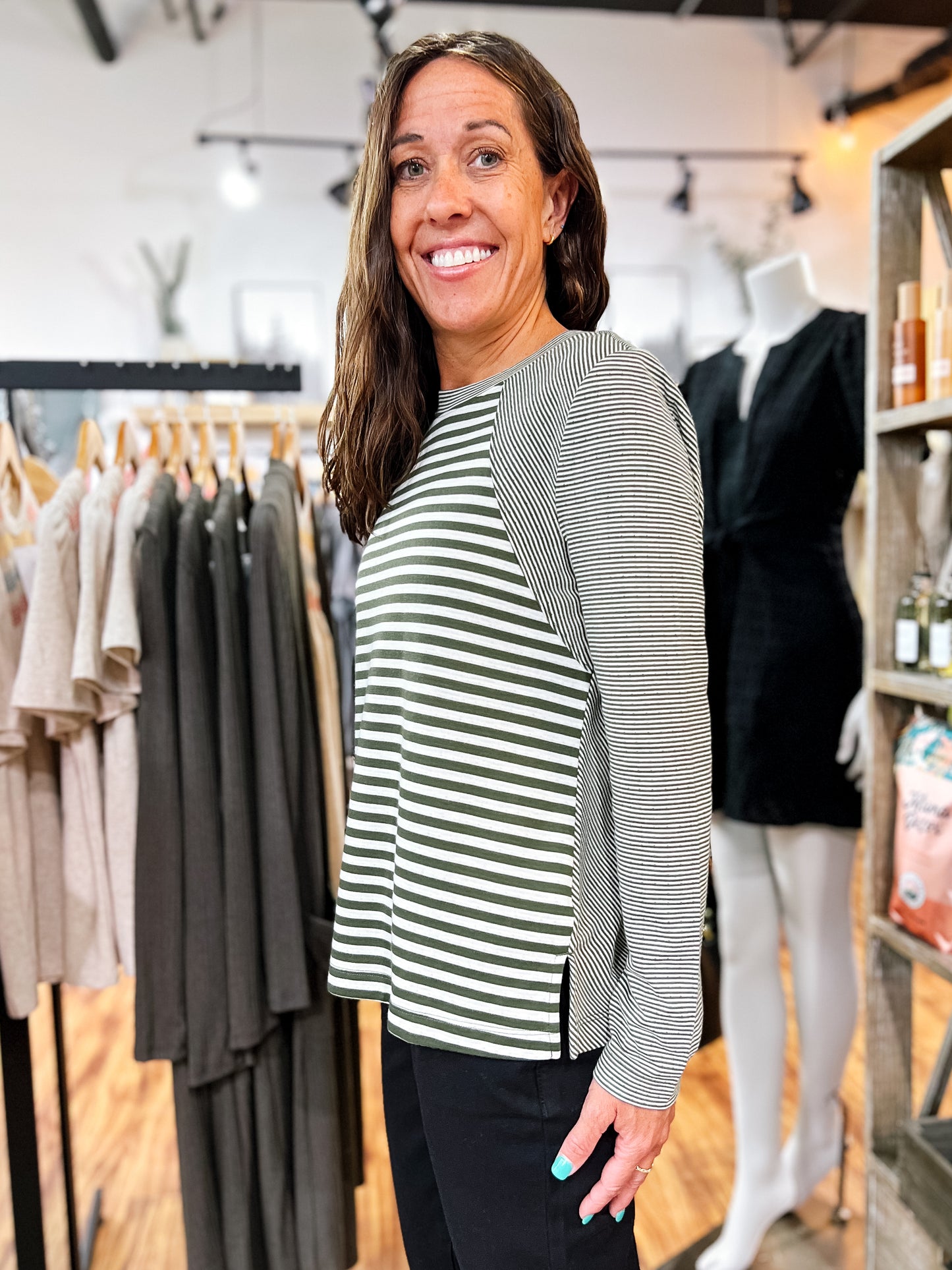 Forest Green & White Stripe Top