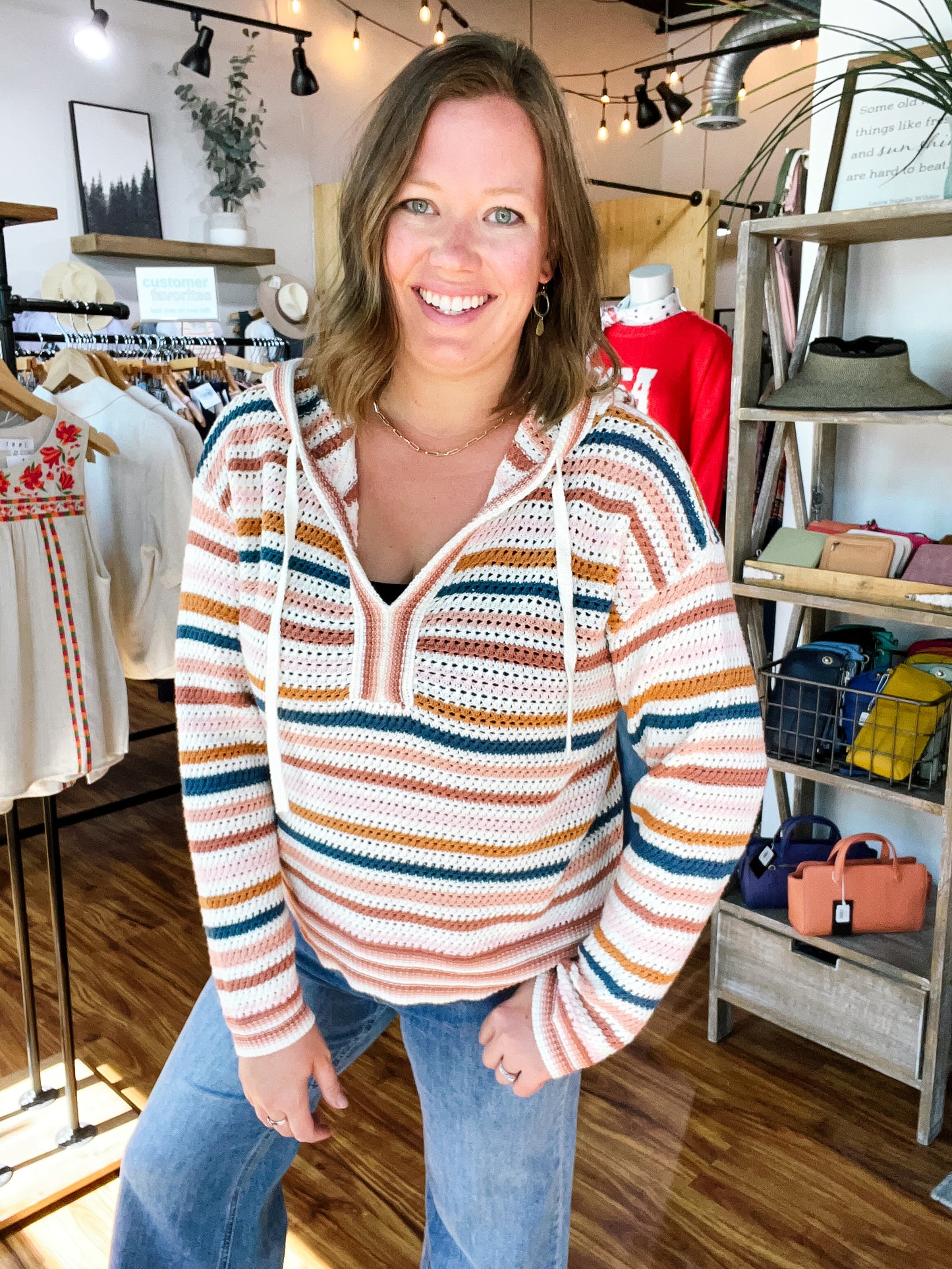 Cream Stripe Hooded Sweater