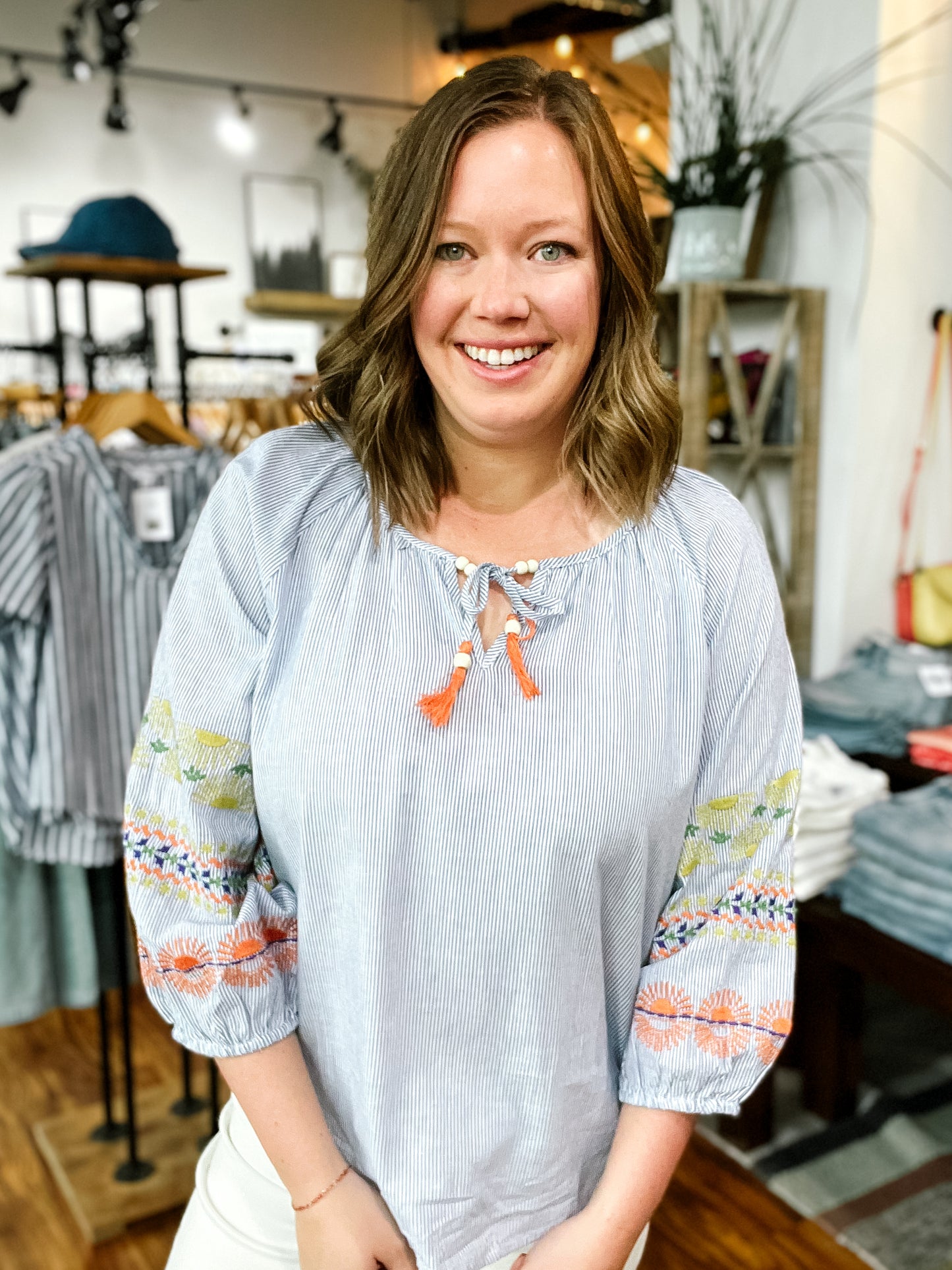 Blue Stripe Top W/ Embroidery