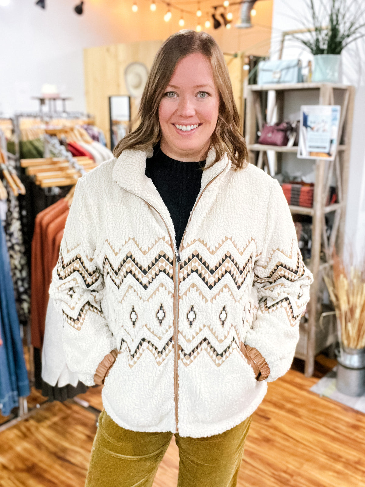 Cream Sherpa Aztec Zipper Front Jacket
