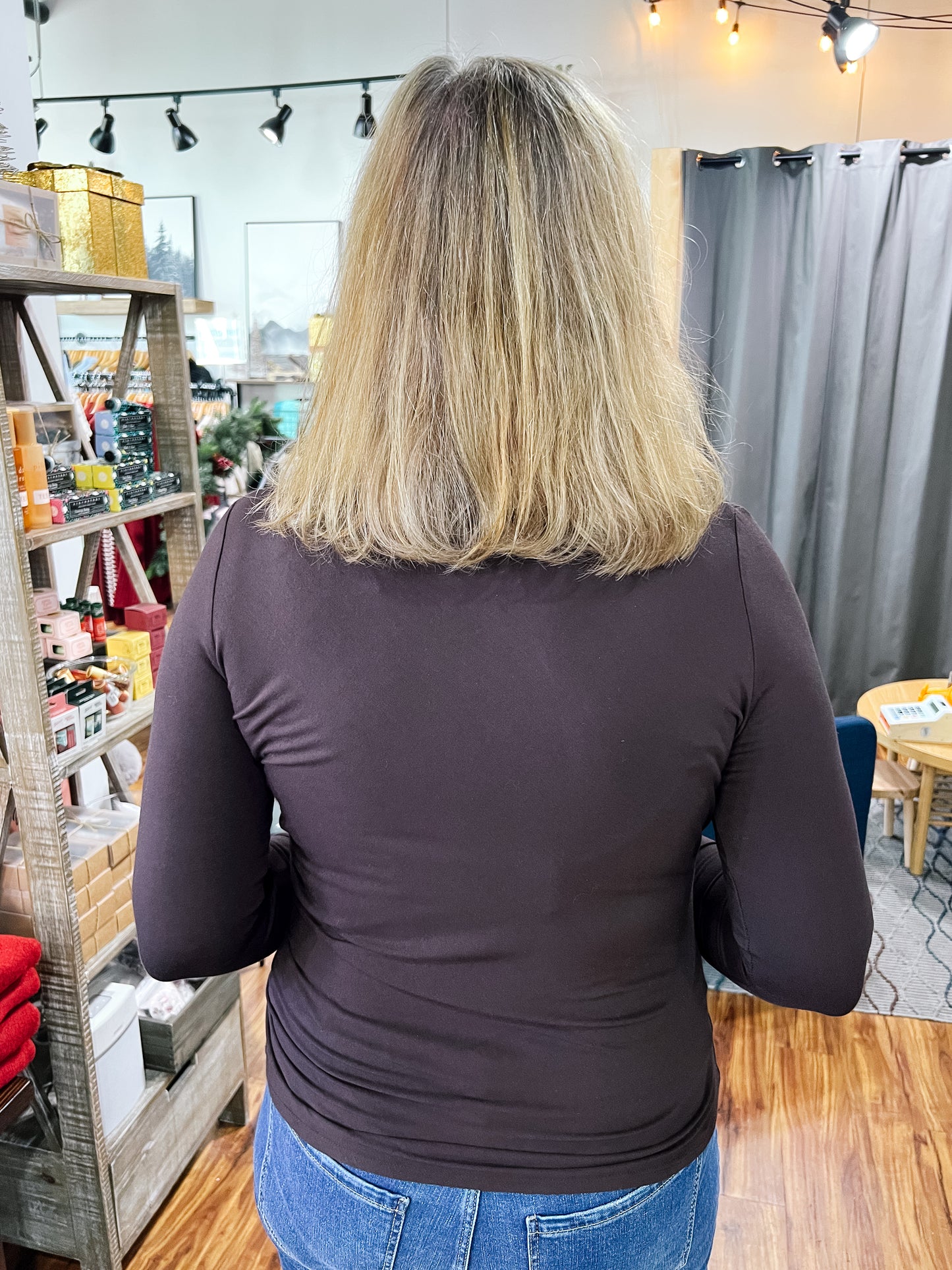 Dark Brown Long Sleeve Mock Neck Top