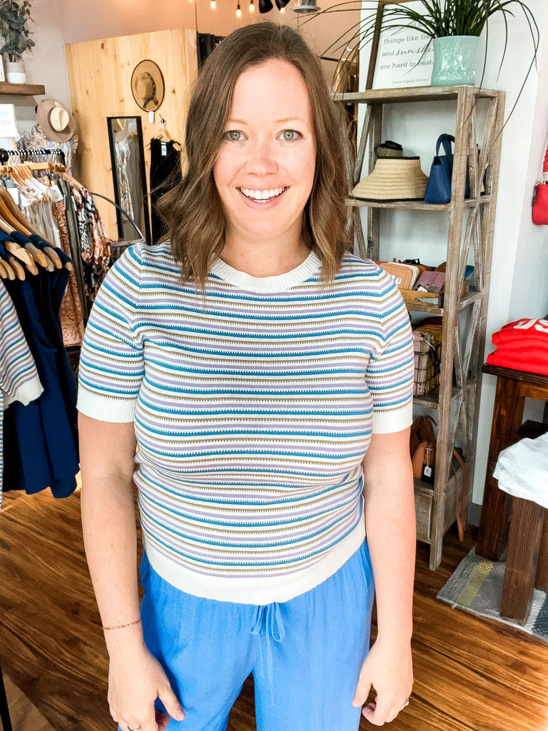 Cream Stripe Short Sleeve Sweater