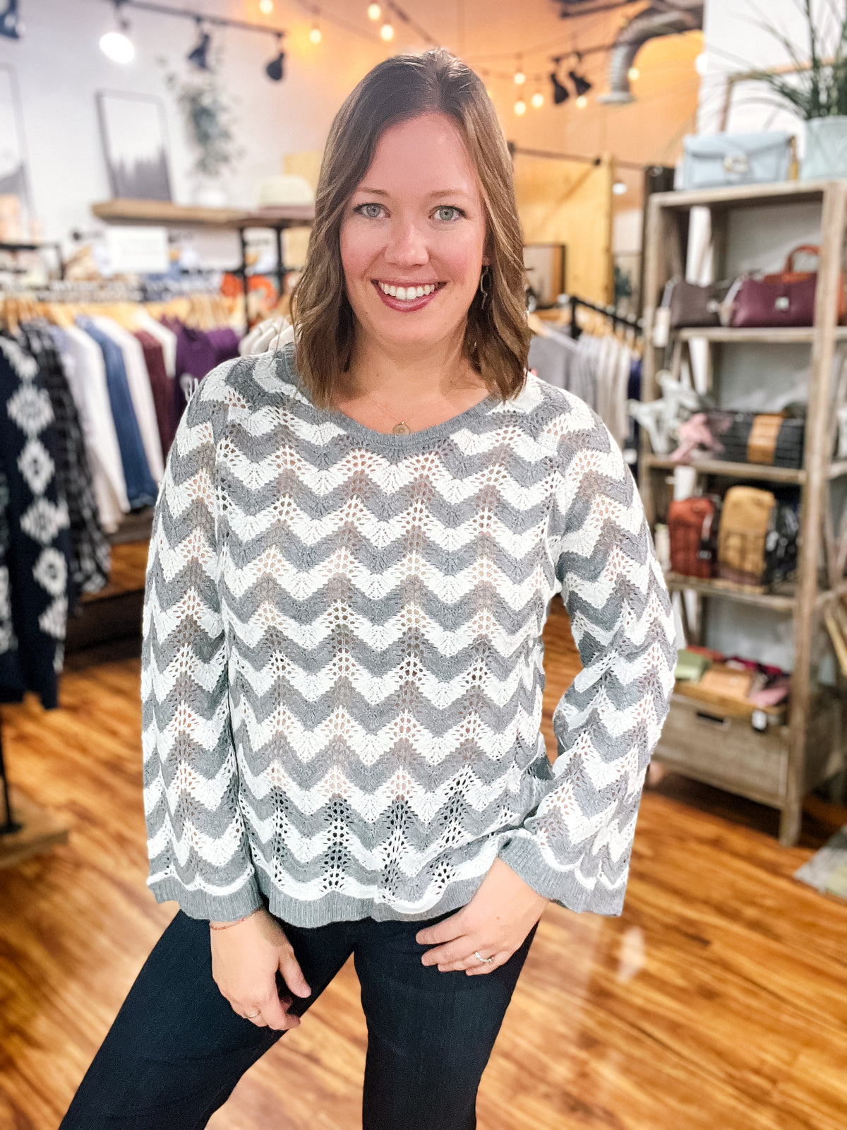 Gray & White Chevron Knit Sweater