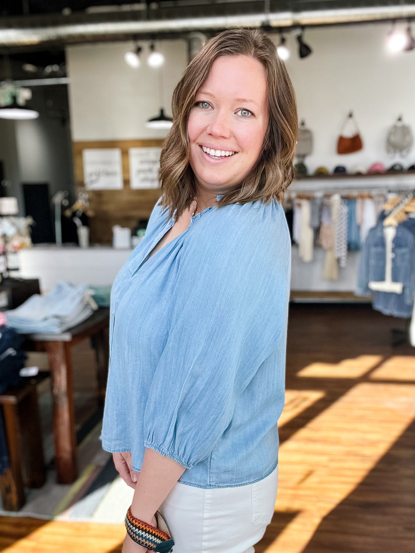 Chambray Button Front Blouse W/ Ruffle Neck