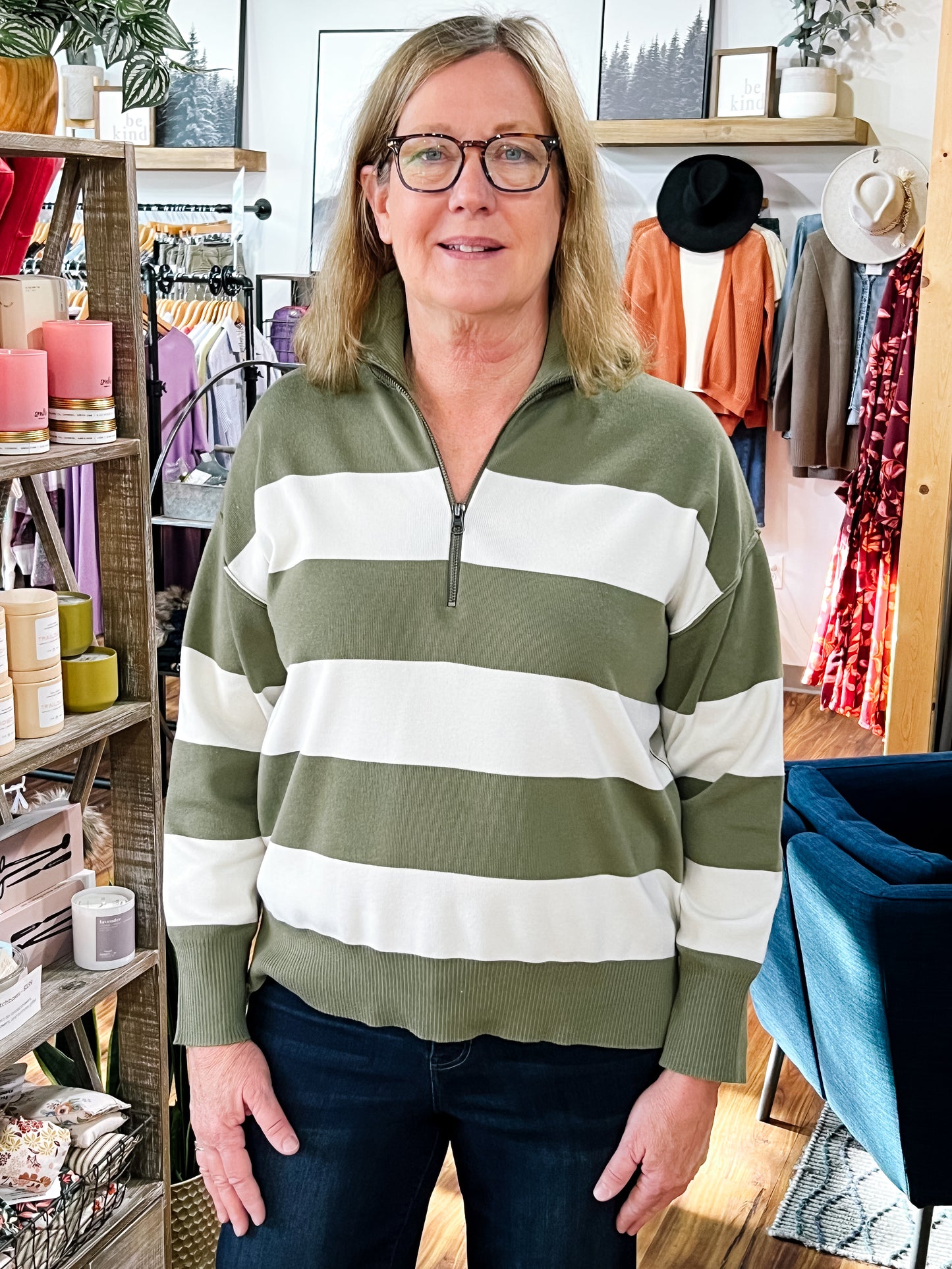 Olive & Ivory Stripe Quarter Zip Sweater