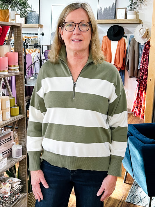 Olive & Ivory Stripe Quarter Zip Sweater