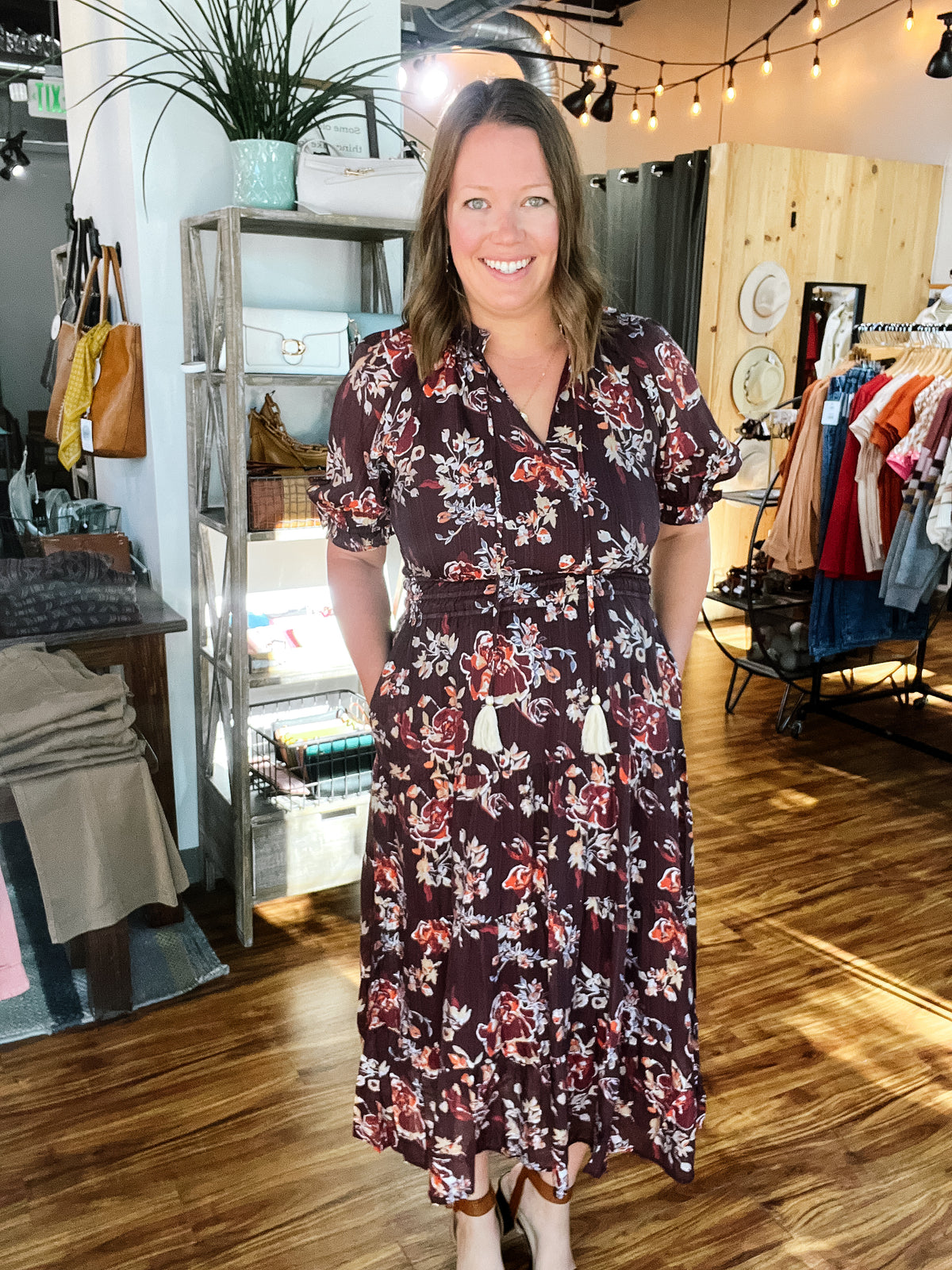 Burgundy Short Sleeve Floral Maxi Dress