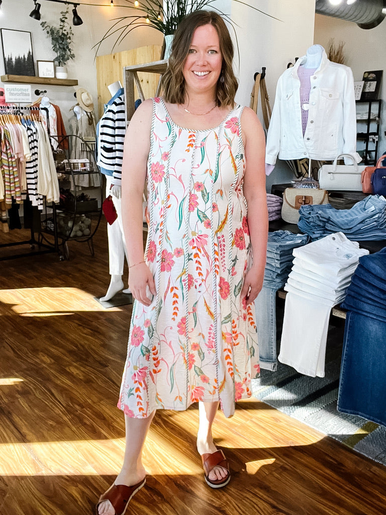 Coral & Green Floral Midi Dress