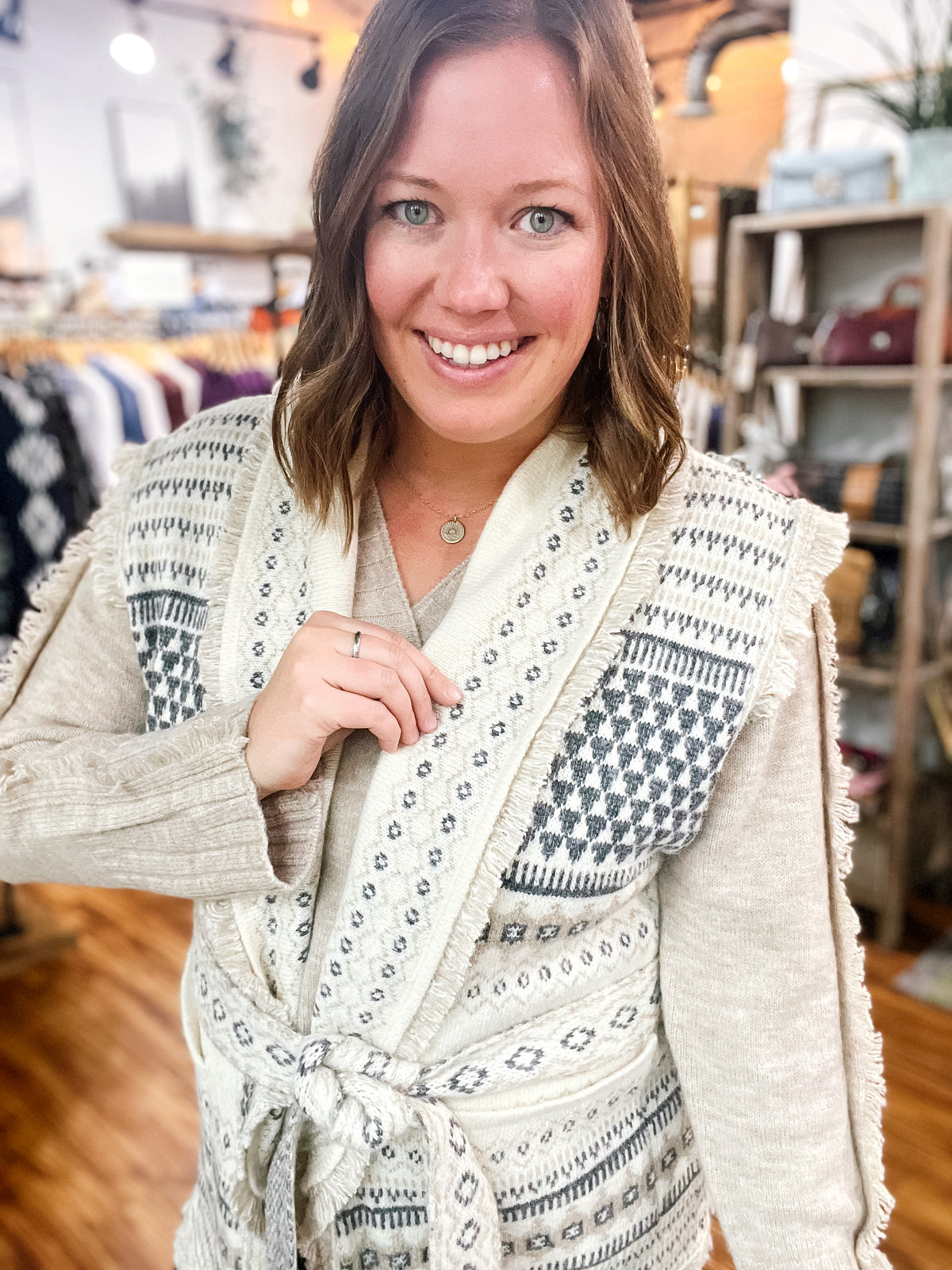 Cream Patterned Sleeveless Sweater Vest