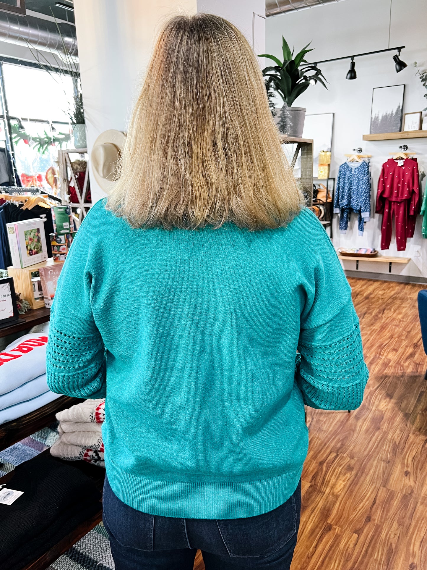 Teal Pointelle V Neck Sweater