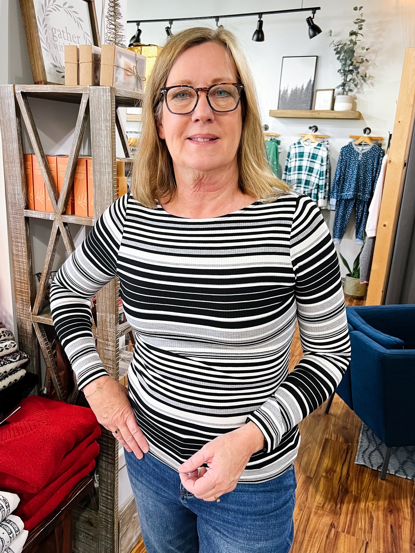 Black, White, & Gray Stripe Boat Neck Top