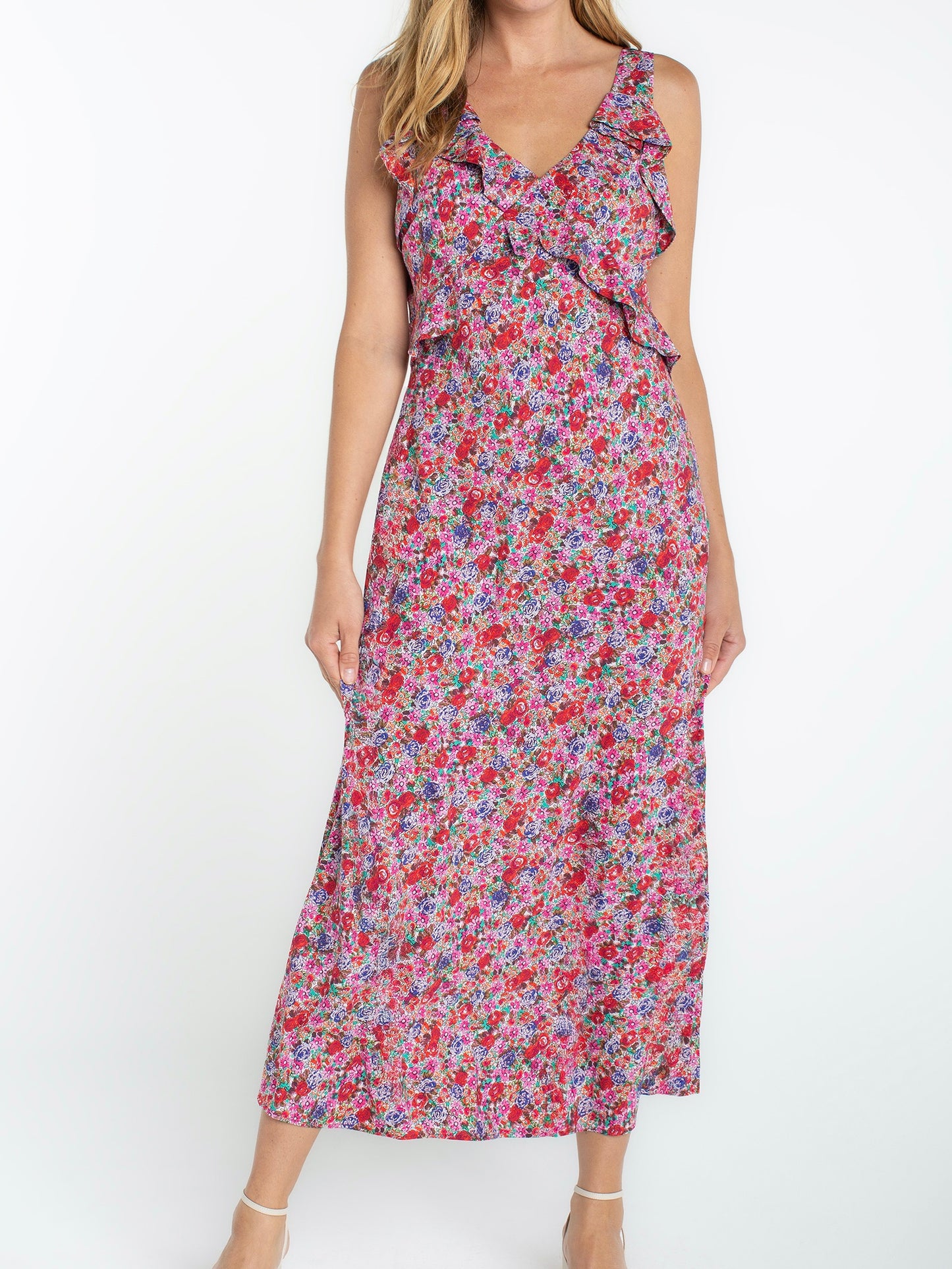 Pink Floral Sleeveless Ruffle Maxi Dress