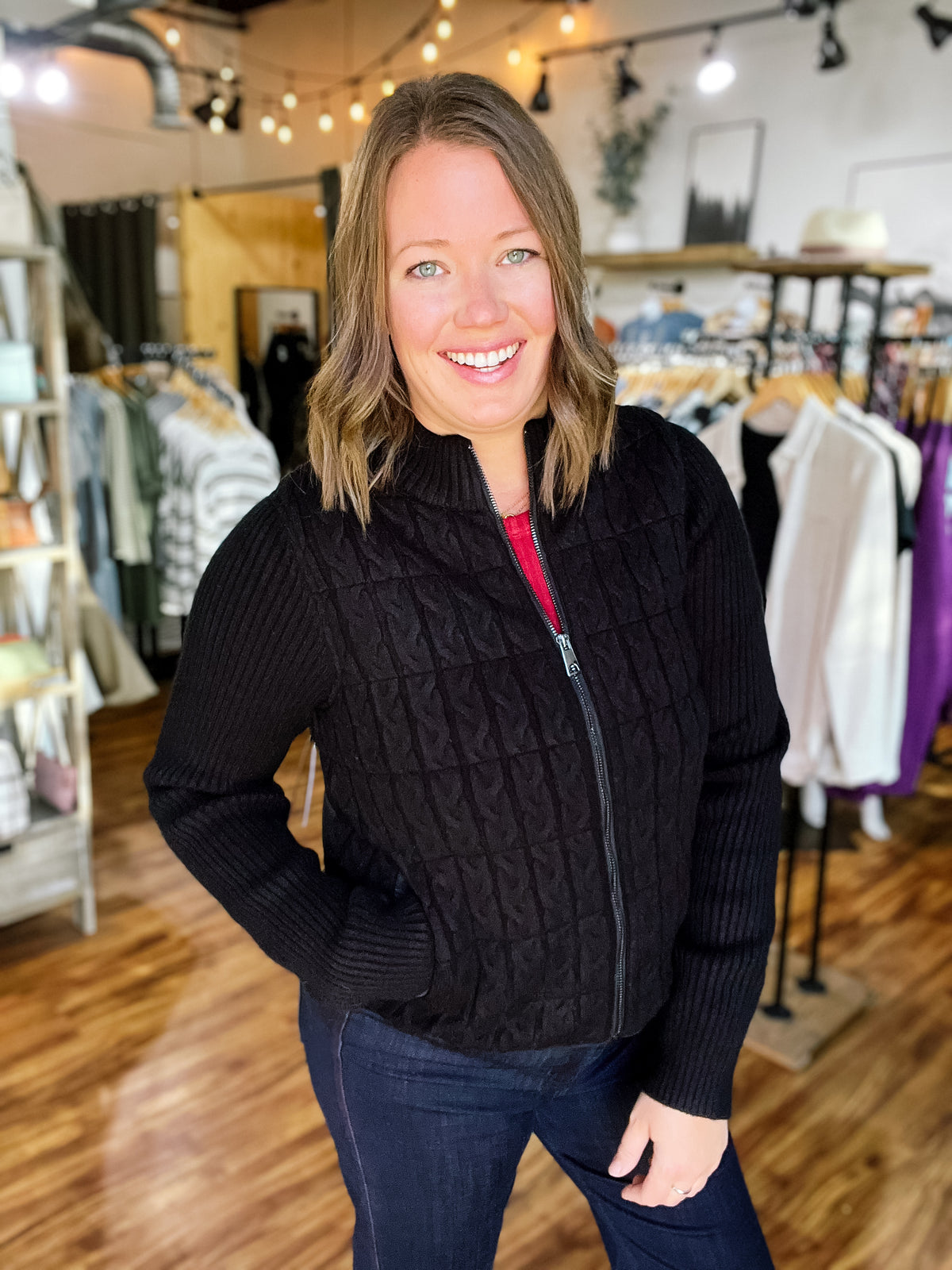 Black Zip Front Quilted Sweater Jacket