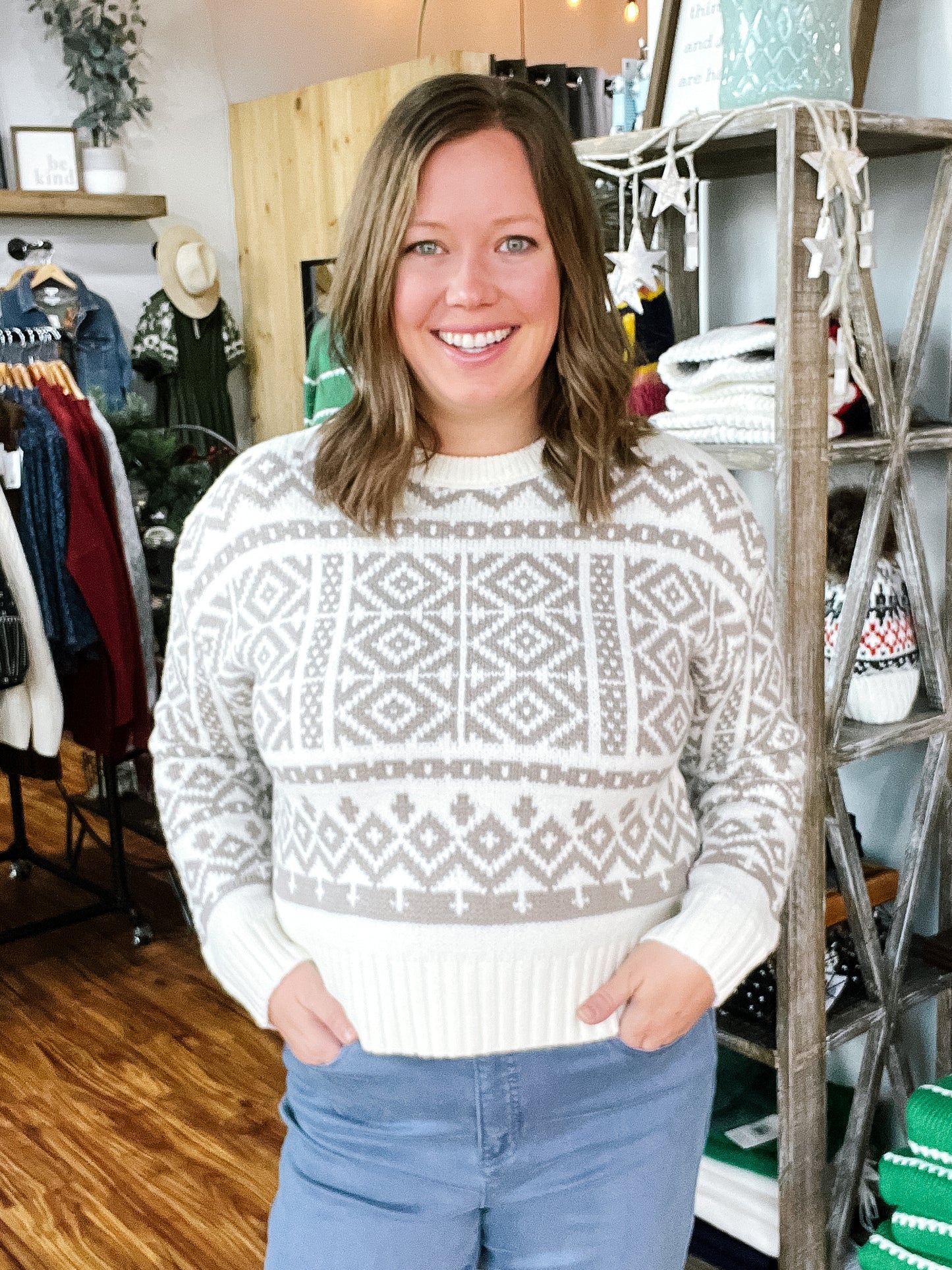 Cream And Tan Diamond Pattern Sweater