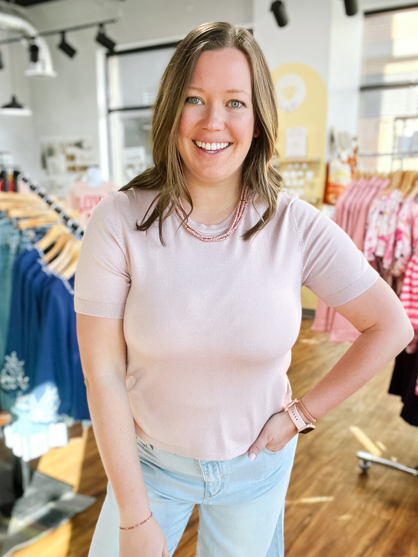Dusty Pink Short Sleeve Round Neck Sweater