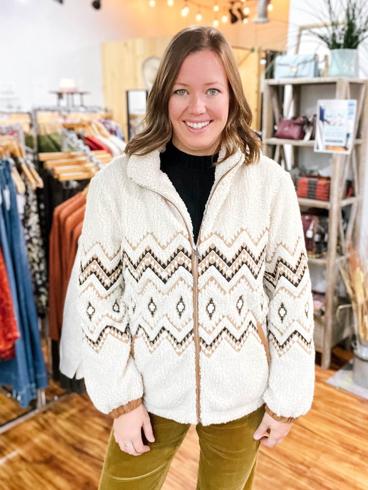 Cream Sherpa Aztec Zipper Front Jacket