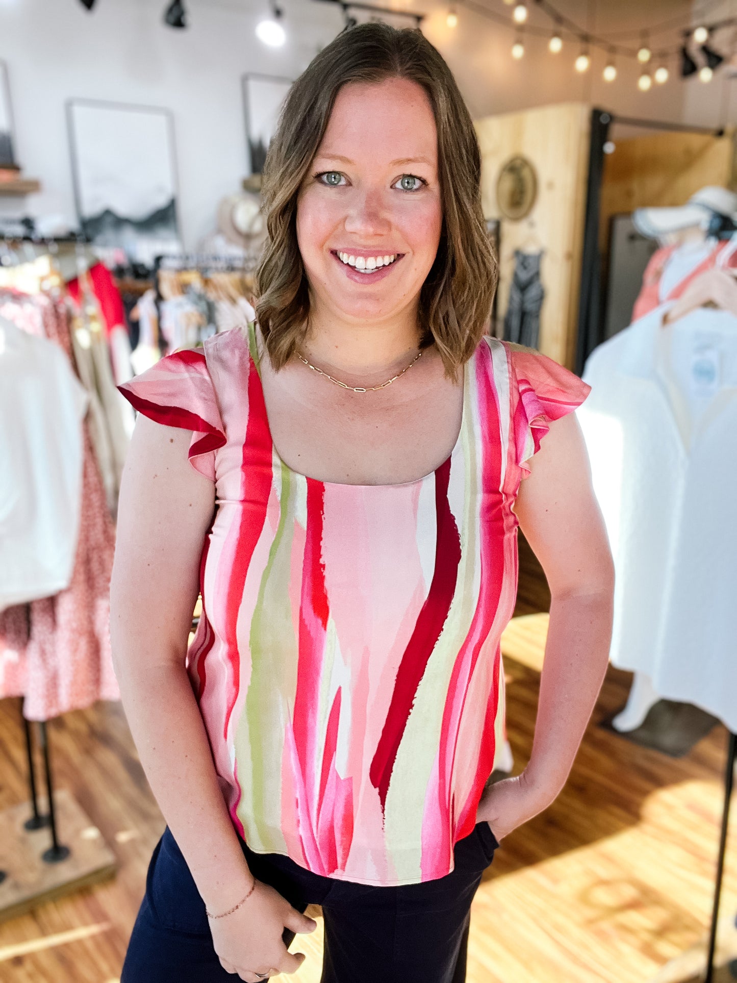 Pink Multi Stripe Flutter Sleeve Top