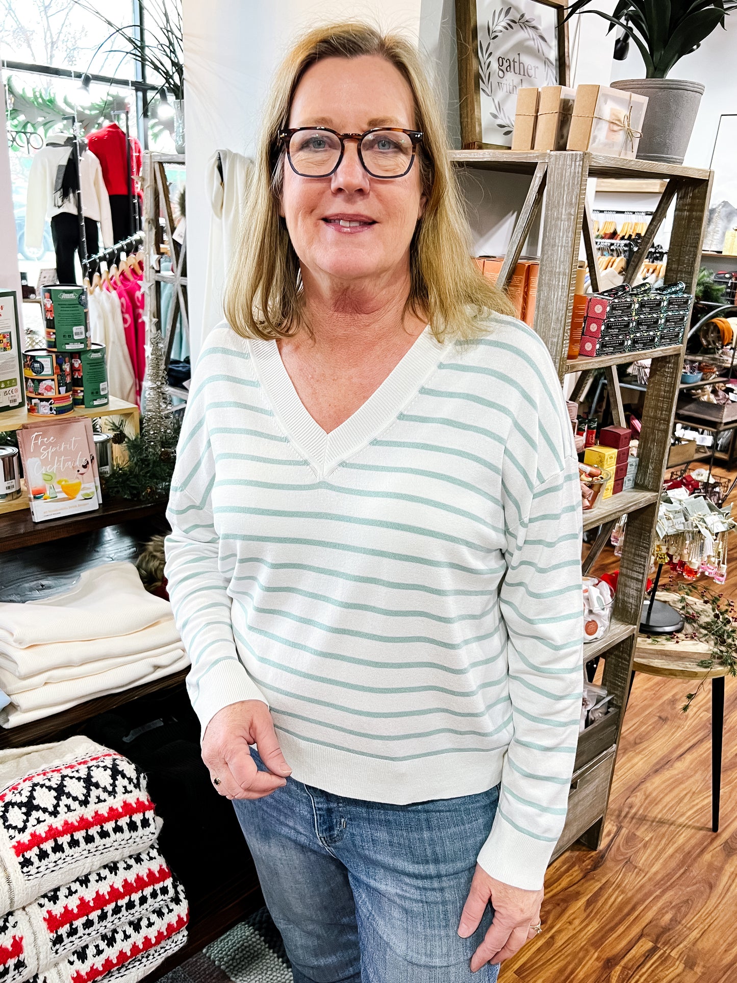 Cream W/Mint Green Stripes Sweater