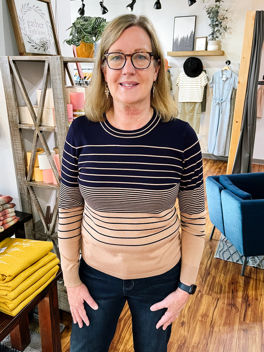 Navy W/ Tan Mixed Stripe Sweater