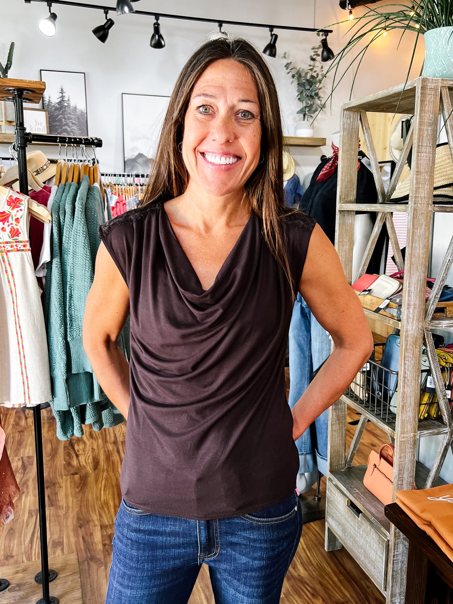Dark Brown Draped Neck Sleeveless Top