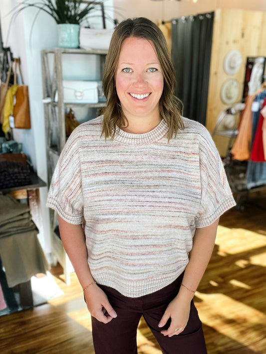 Pink & Purple Mixed Stripe Short Sleeve Sweater