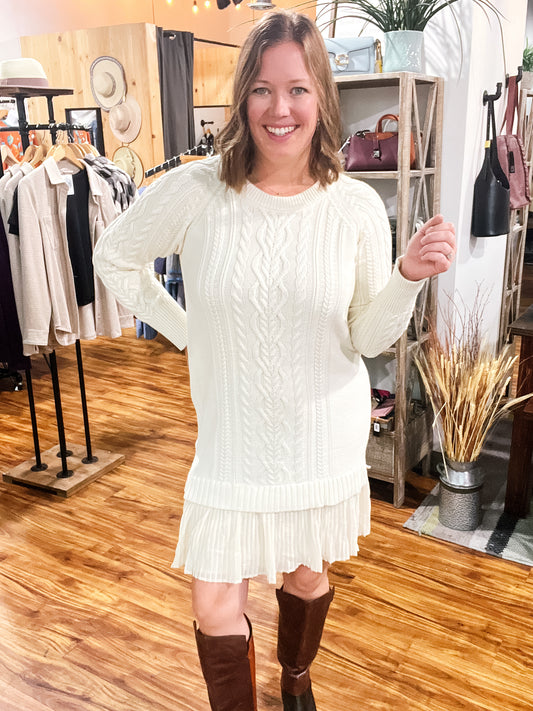 Cream Cableknit Sweater Dress w/ Accordian Detail