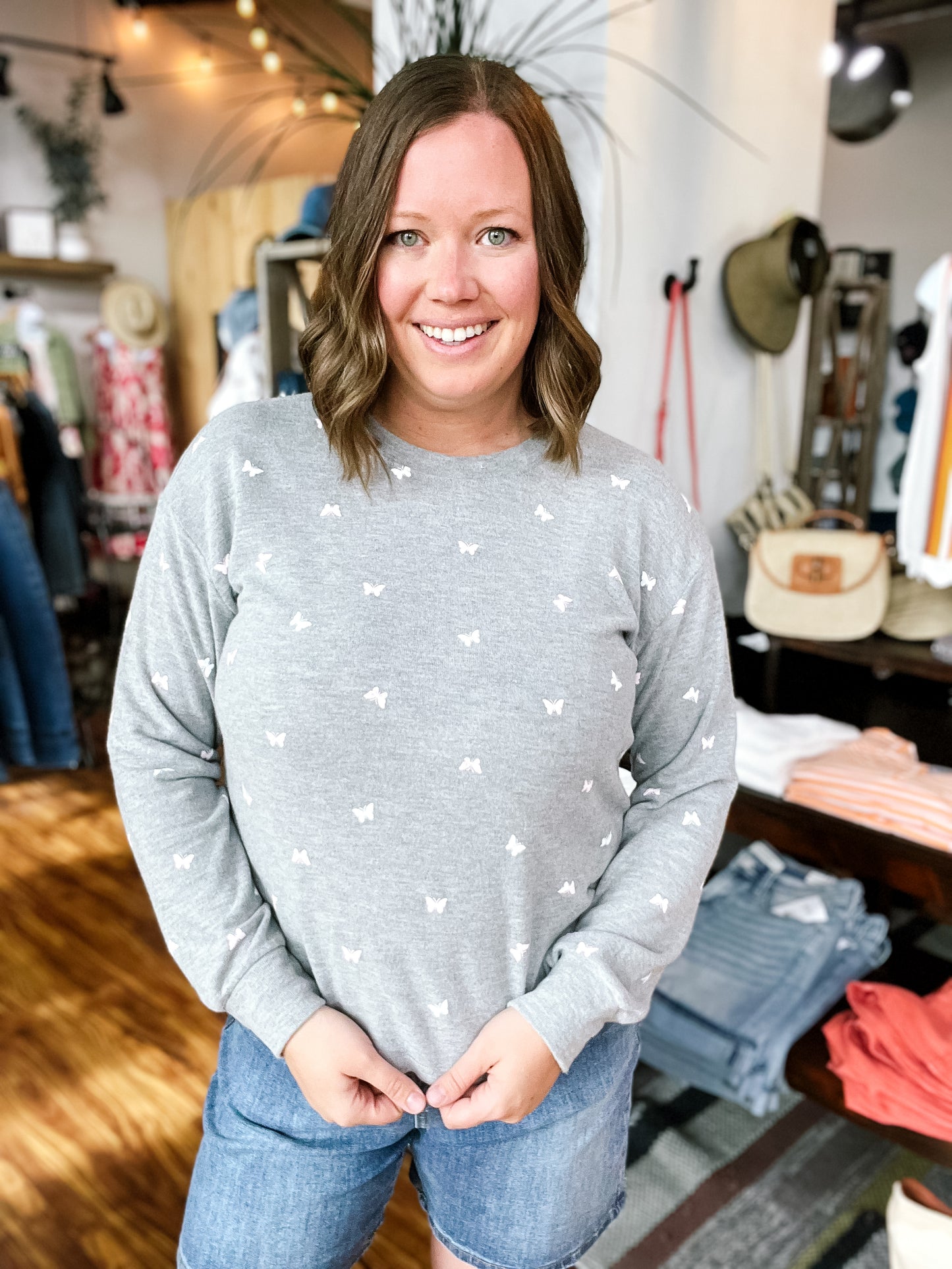 Heather Gray Butterfly Long Sleeve Top