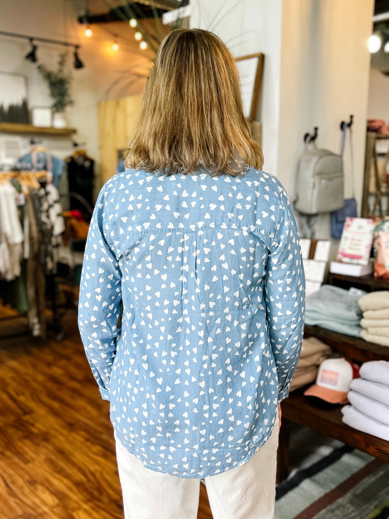 Chambray White Hearts Button Up Shirt