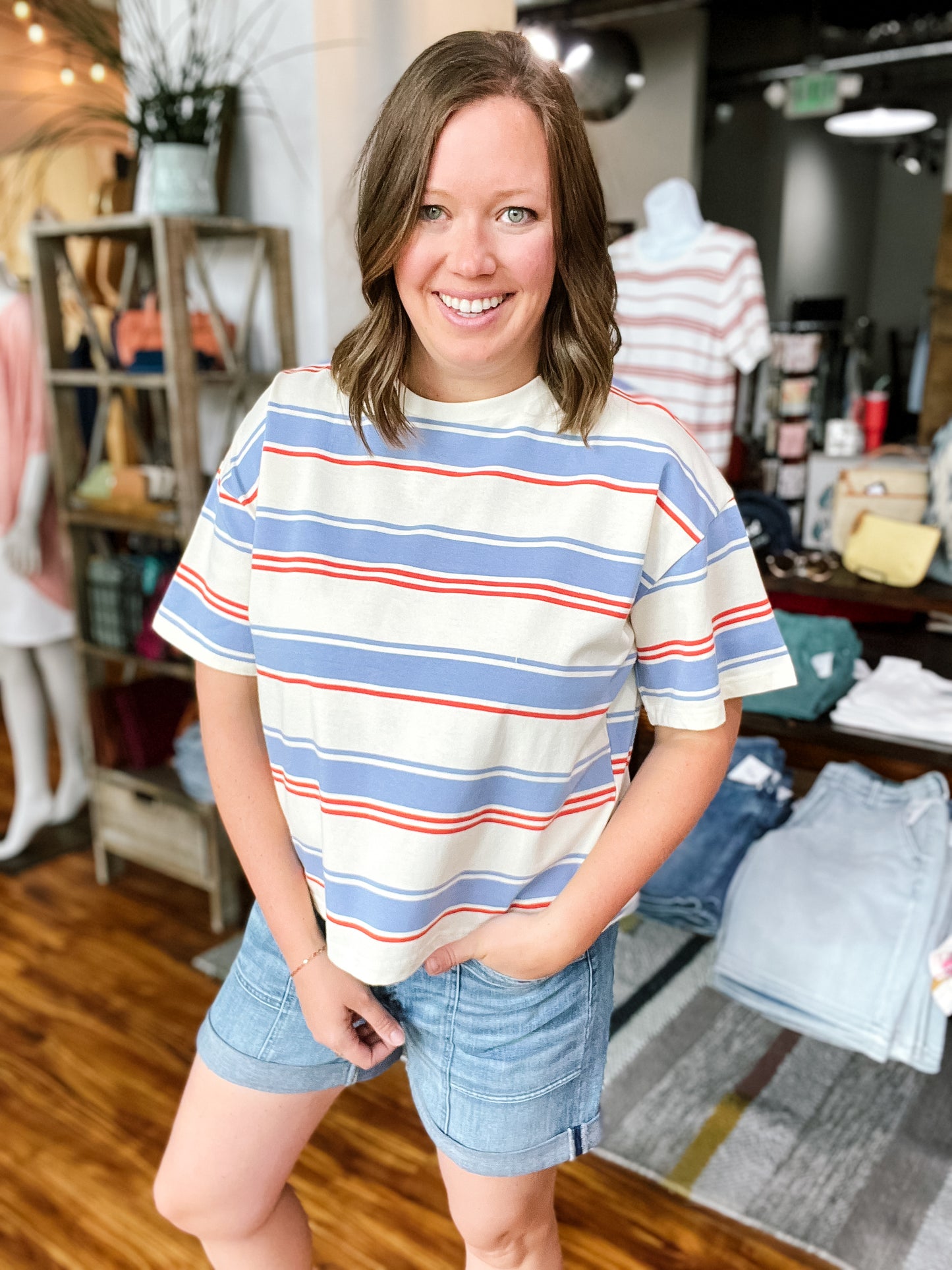 Cream W/Blue & Red Stripe Top