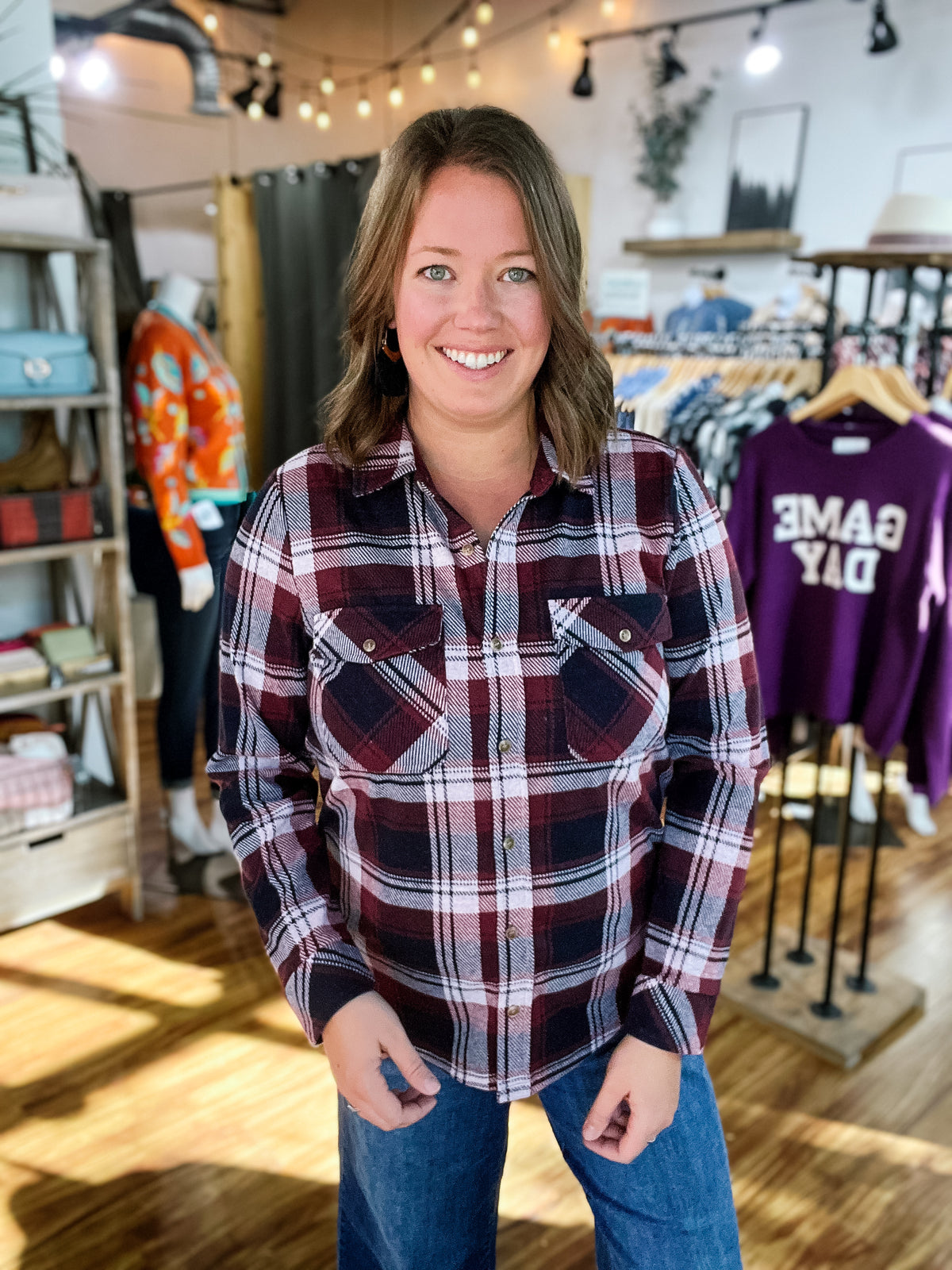 Heathered Burgundy Plaid Flannel Shirt