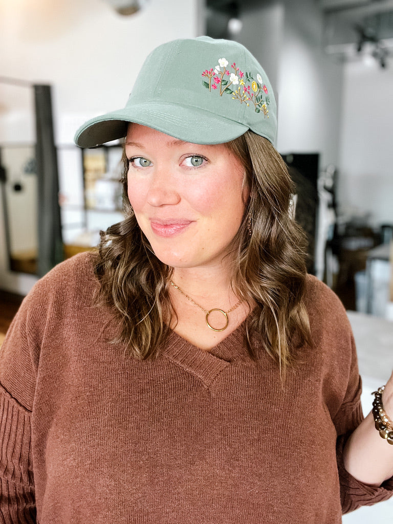 Flowers Embroidered Sage Hat