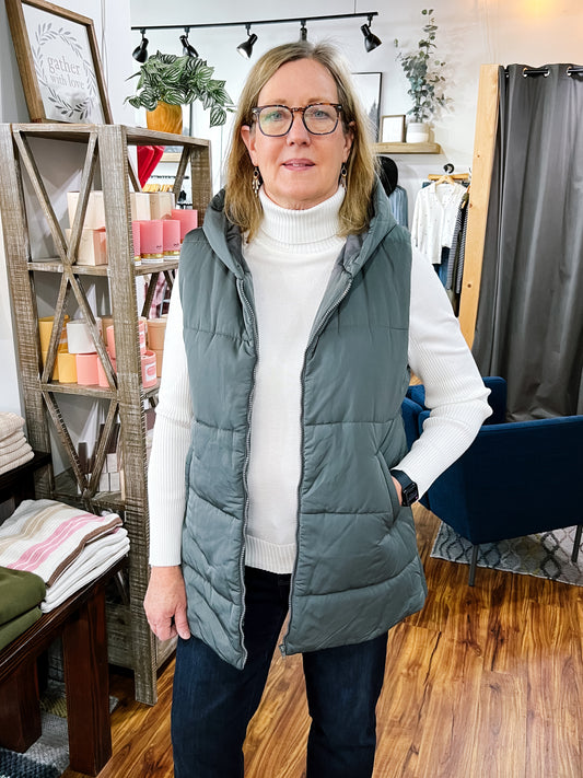 Green Long Puffer Vest W/ Hood