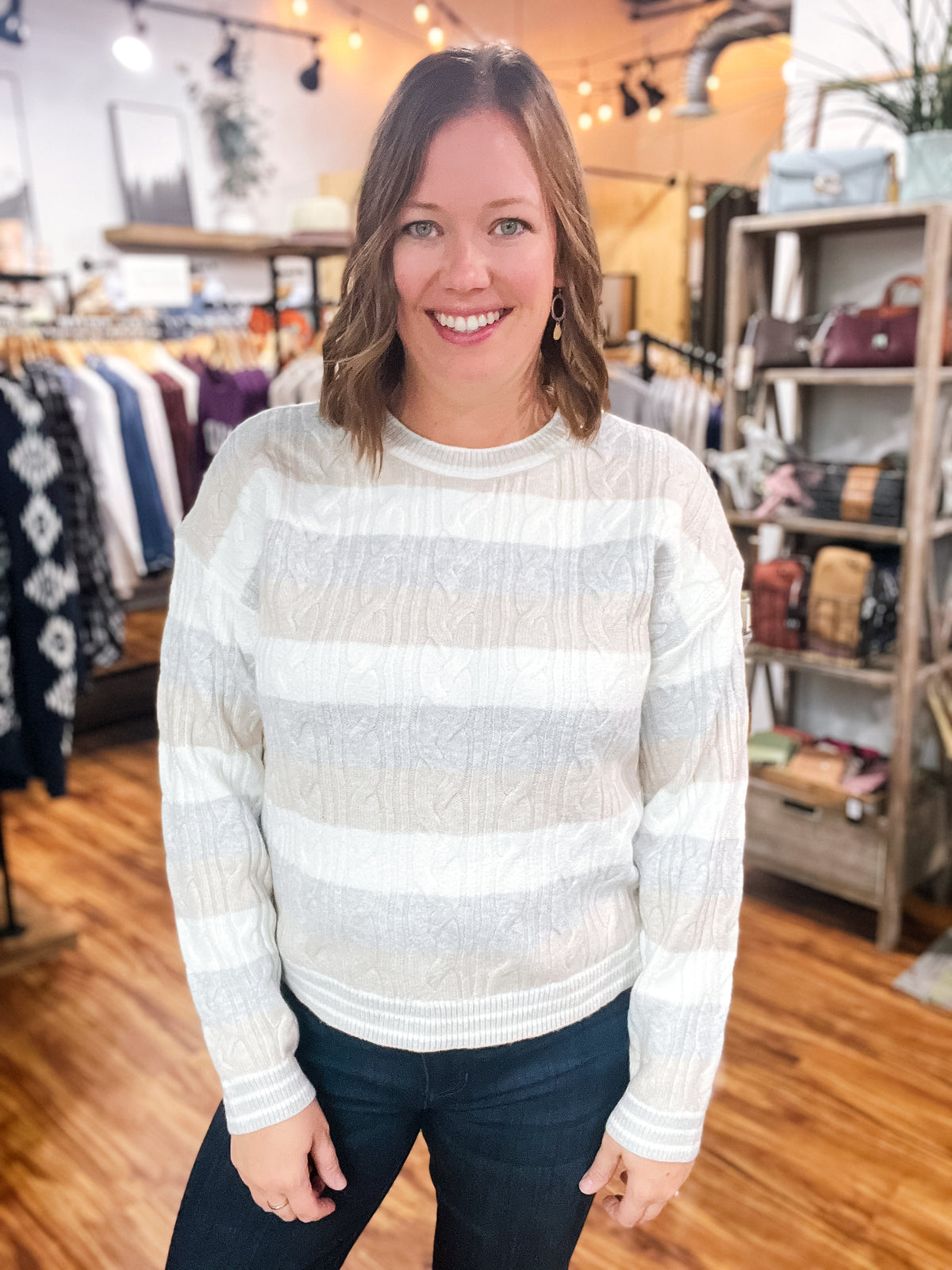 Cream Striped Cable Knit Sweater