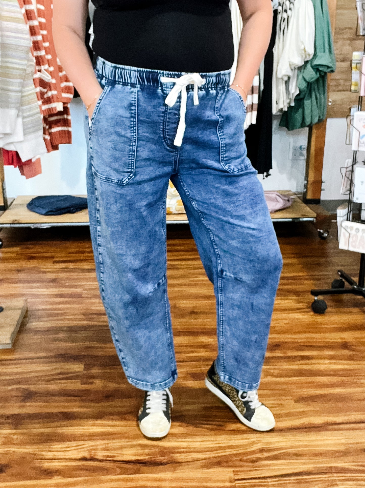 Medium Wash Tie Waist Barrel Jean